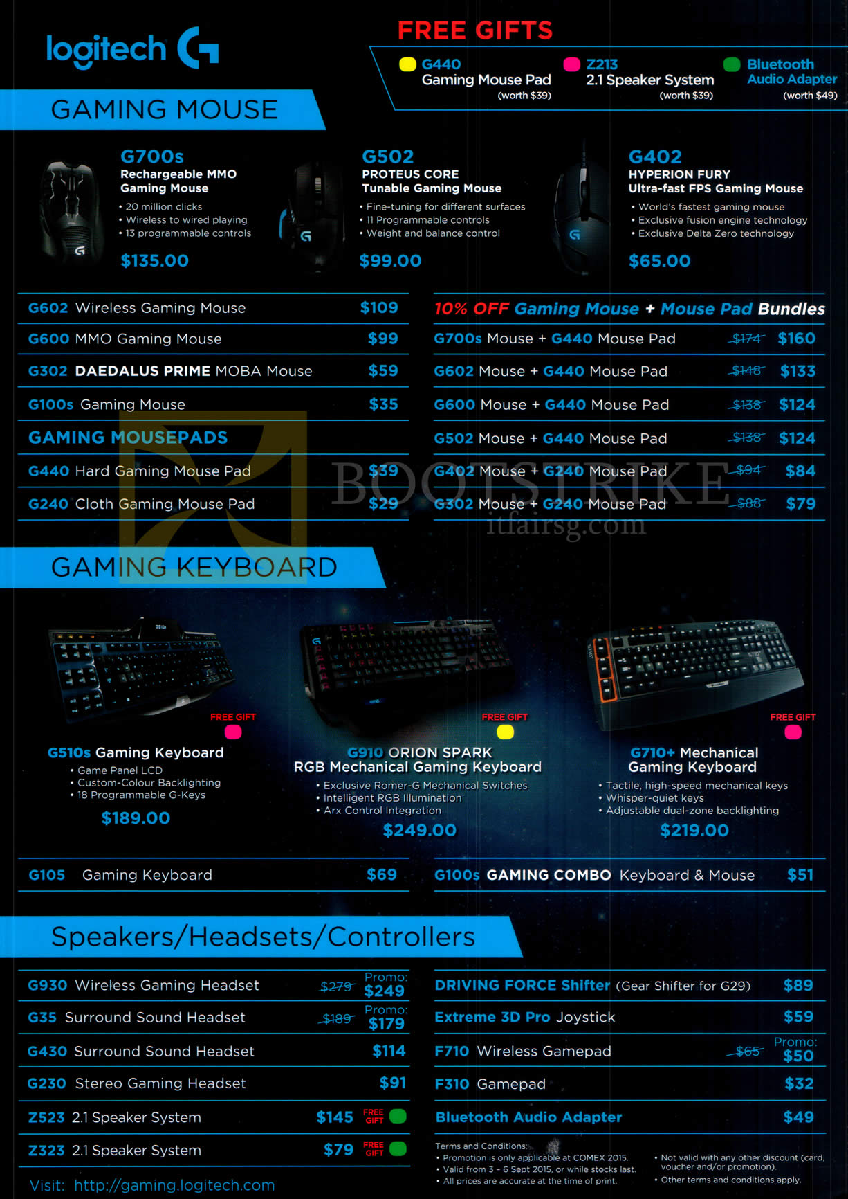 COMEX 2015 price list image brochure of Logitech Mouse, Keyboard, Speakers, Headsets, Controllers, G700s, G502, G402, G600, G602, G440, G240, G930, G430, G230, Z523, F310, F710, Extreme 3D Pro, Driving Force Shifter