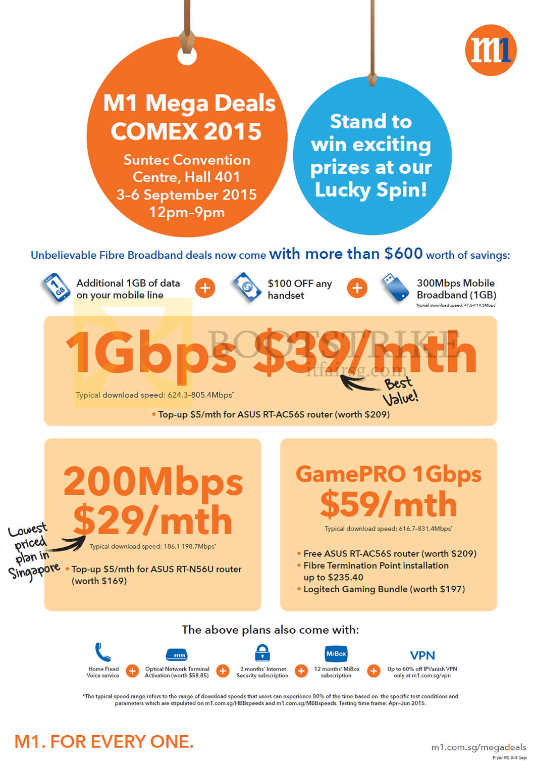 COMEX 2015 price list image brochure of M1 1Gbps 39 Mth, 200Mbps 29 Mth, GamePRO 1Gbps $59 Mth