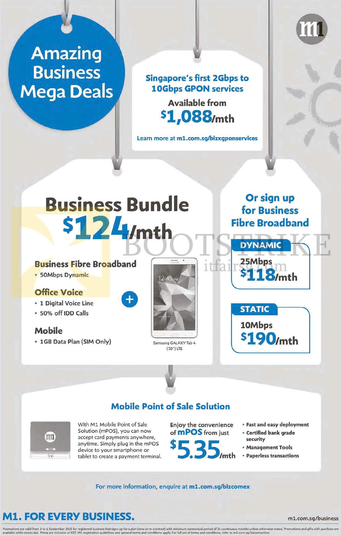 COMEX 2015 price list image brochure of M1 Business Fibre Broadband, Business Bundle Offers 25Mbps, 10Mbps, MPOS