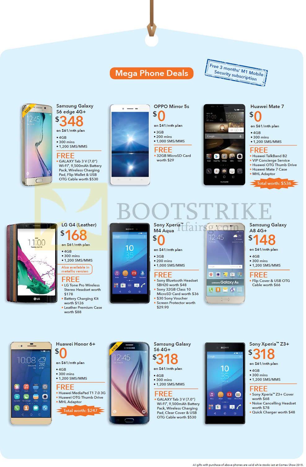 COMEX 2015 price list image brochure of M1 Mobile, Samsung Galaxy S6 Edge, OPPO Mirror 5s, Huawei Mate 7, Galaxy A8, Sony Xperia M4 Aqua, LG G4, Huawei Honor 6, Galaxy S6, Sony Xperia Z3