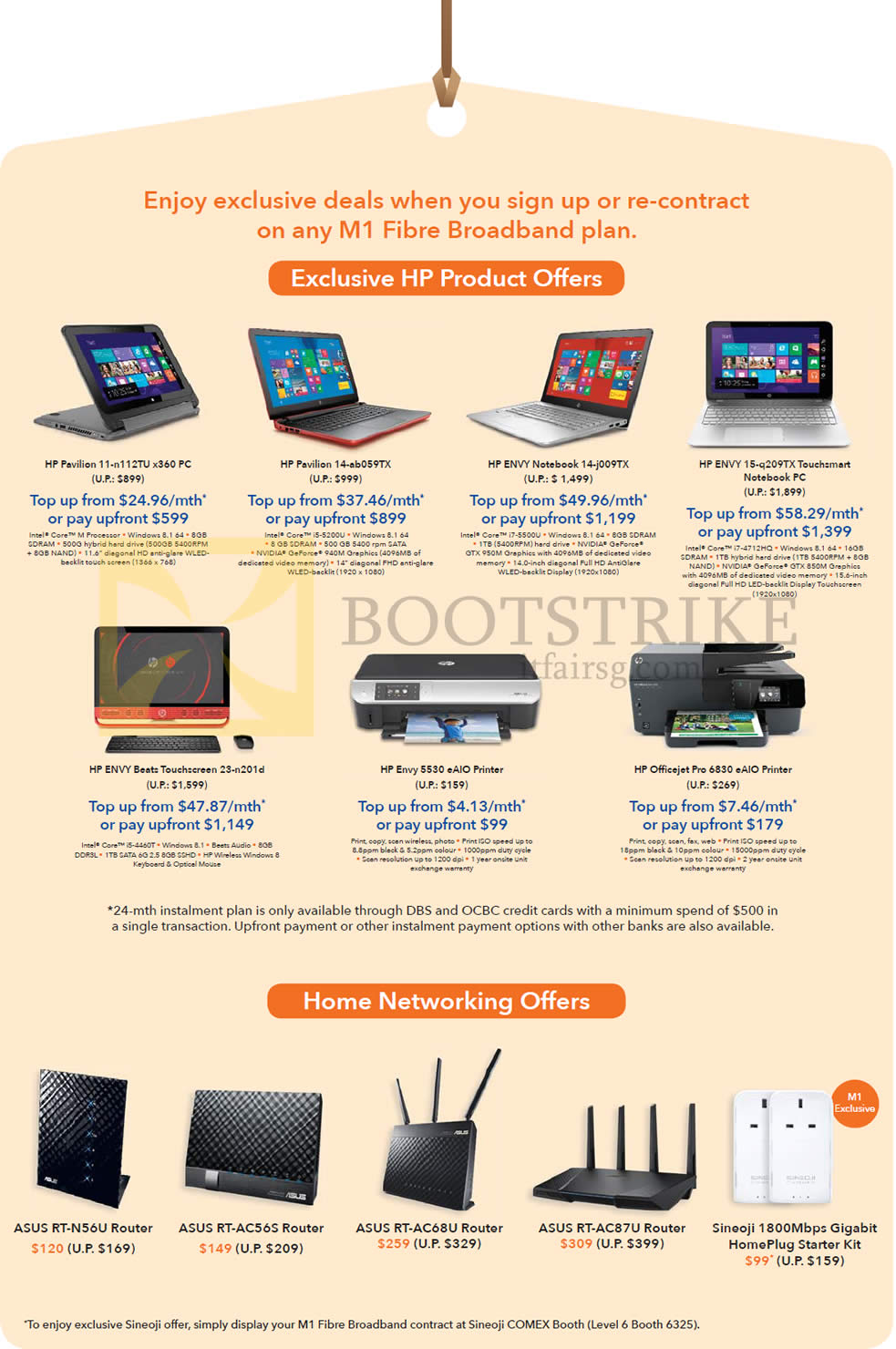 COMEX 2015 price list image brochure of M1 PwP Home Networking, ASUS RT-N56U Router, RT-AC56S, RT-AC68U, RT-AC87U, Sineoji, HP Pavilion 11-n112TU X360 Desktop PC, 14-ab059TX, ENVY Notebook 23-n201d, Printer