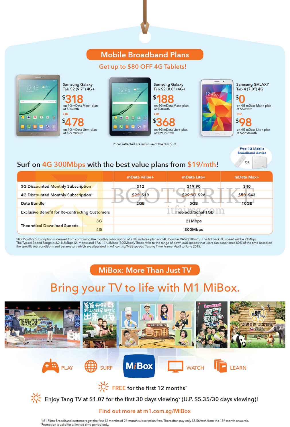 COMEX 2015 price list image brochure of M1 Samsung Galaxy Tab S2 9.7, Samsung Galaxy Tab S2 8.0, Samsung GALAXY Tab 4 7.0, MiBox, 4G 300Mbps, MData Value, Lite, Max Plus