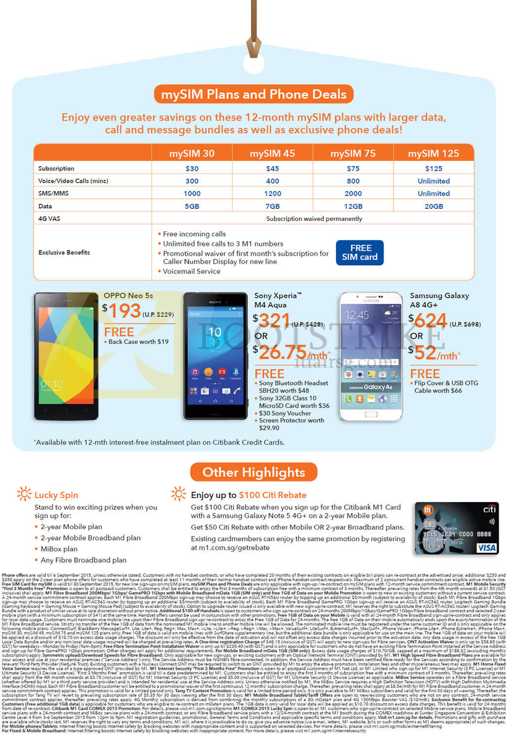 COMEX 2015 price list image brochure of M1 MySIM, OPPO Neo 5s, Sony Xperia M4 Aqua, Samsung Galaxy A8, Citi Rebate, Lucky Spin