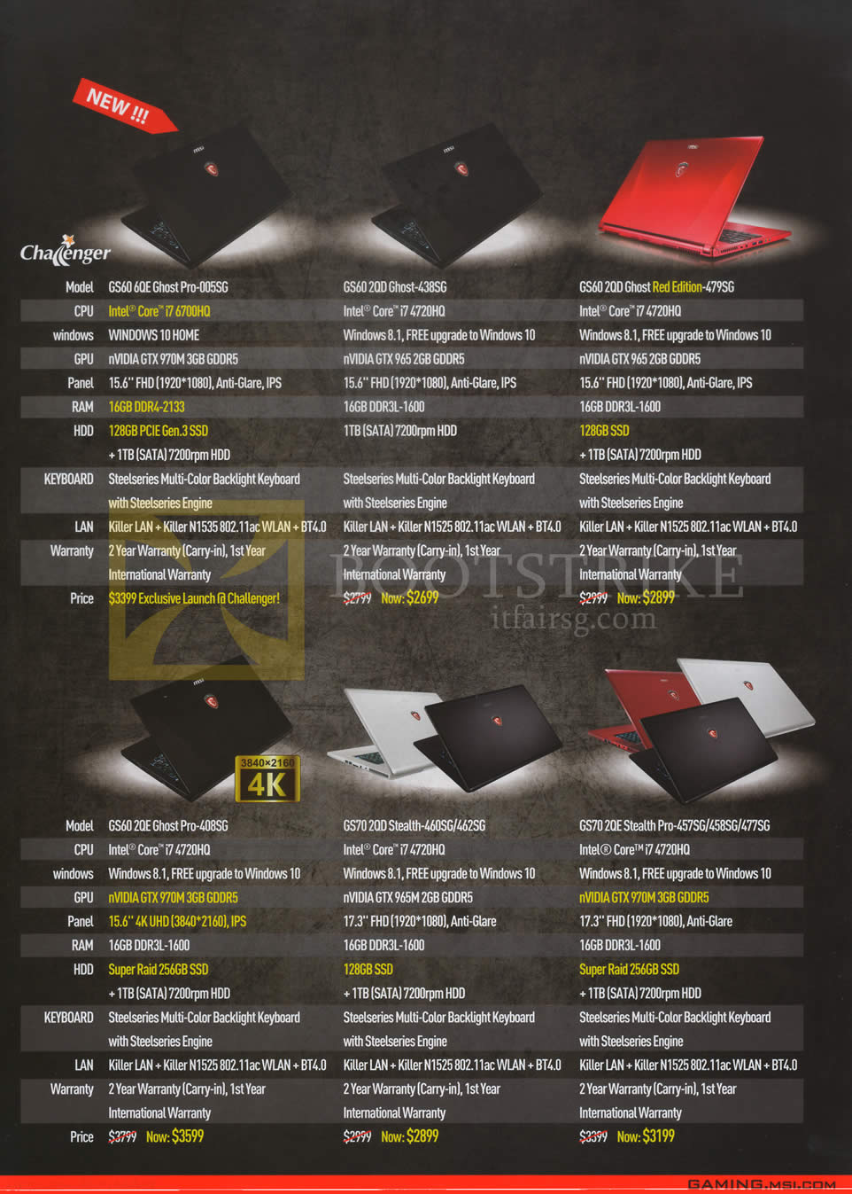 COMEX 2015 price list image brochure of MSI Notebooks GS60 60E Ghost Pro-005SG, GS60 2QD Ghost-438SG, GS60 2QD Ghost Red Edition-479SG, GS60 2QE Ghost Pro-408SG, GS70 2QD Stealth-460SG, 462SG