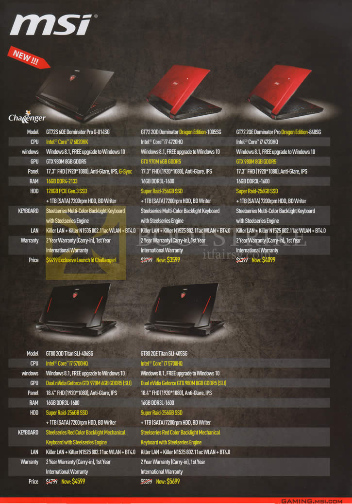 COMEX 2015 price list image brochure of MSI Notebooks GT72S 60E Dominator Pro G-014SG, GT72 2QD Dominator Dragon Edition 1005SG, GT72 2QE Dominator Pro Dragon Edition-848SG, GT80 2QD Titan SLi-406SG