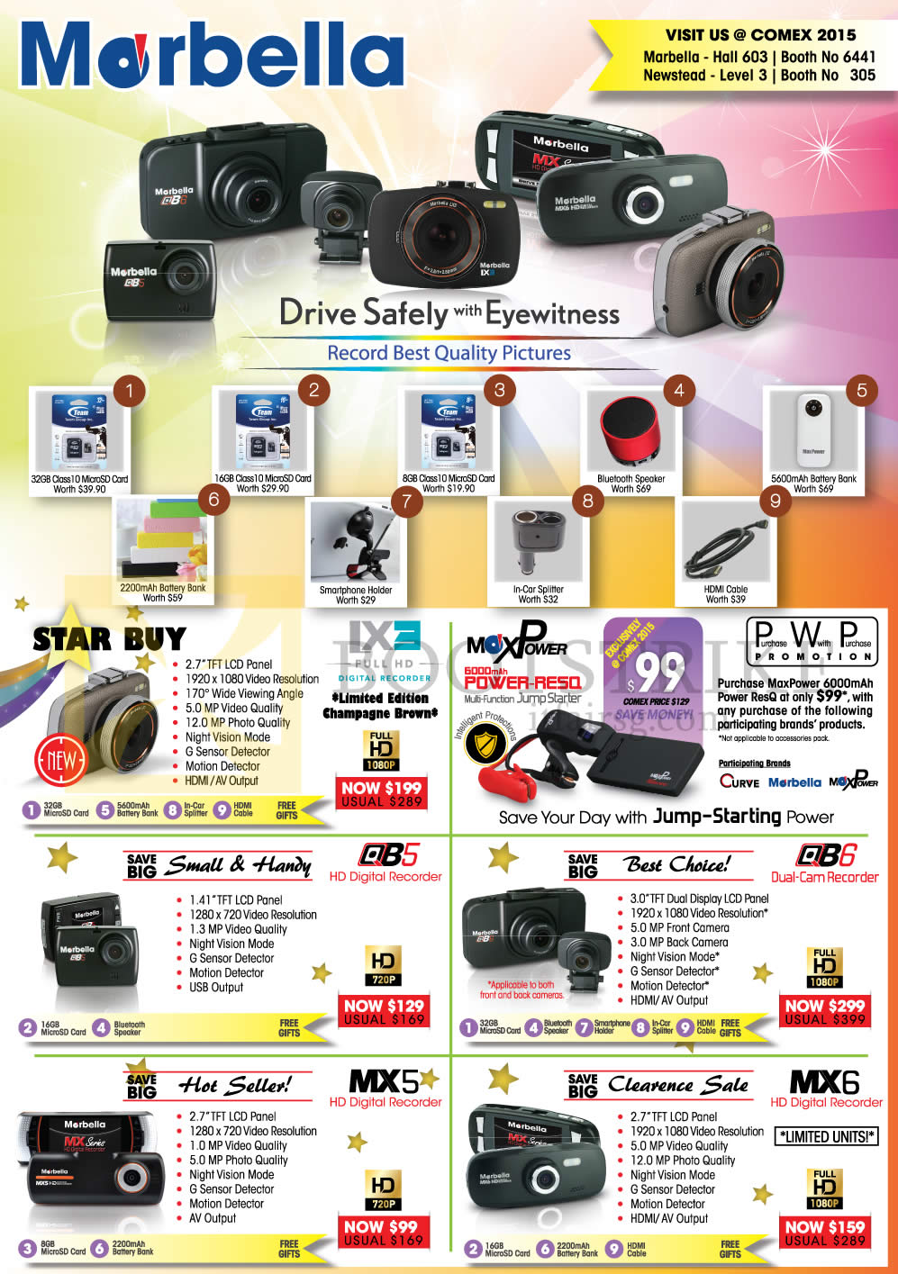 COMEX 2015 price list image brochure of Maka GPS Marbella Car Cameras IX3, Power RESO, QB5, QB6, MX5, MX6