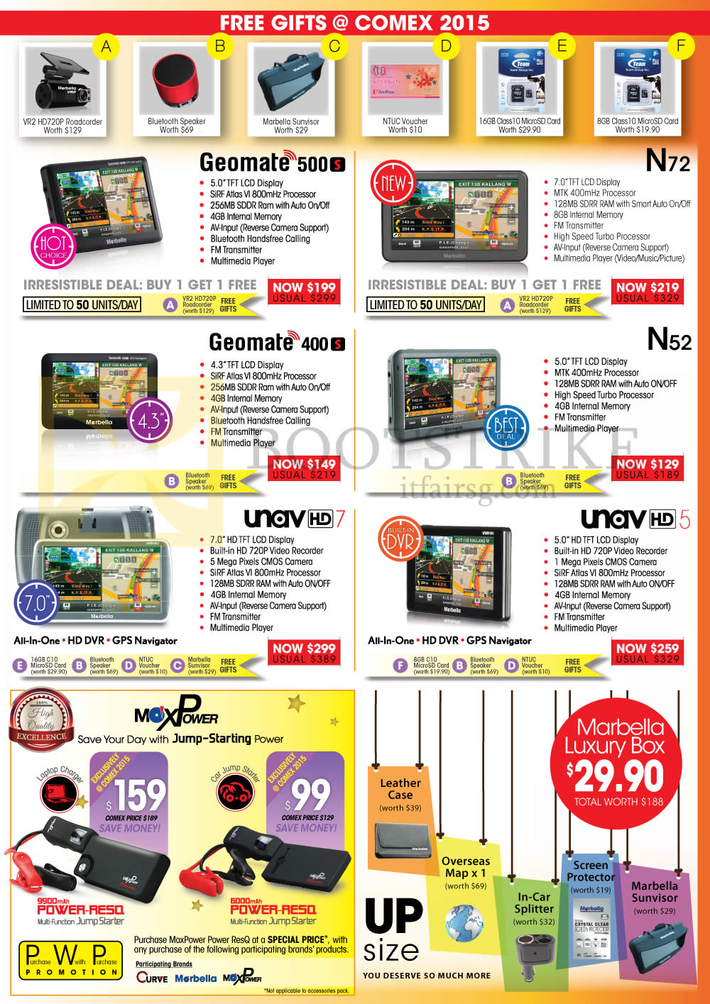 COMEX 2015 price list image brochure of Maka GPS Marbella Navigators, Jump Starter, Geomate 500, 400, N72, N52, Unav HD 5, HD 7, Power RE50