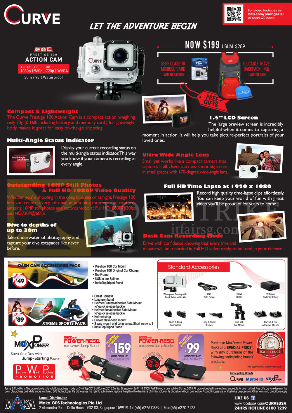 COMEX 2015 price list image brochure of Maka GPS Prestige 100 Action Cam Features, Accessories, MaxPower Power RESQ Jump Starter