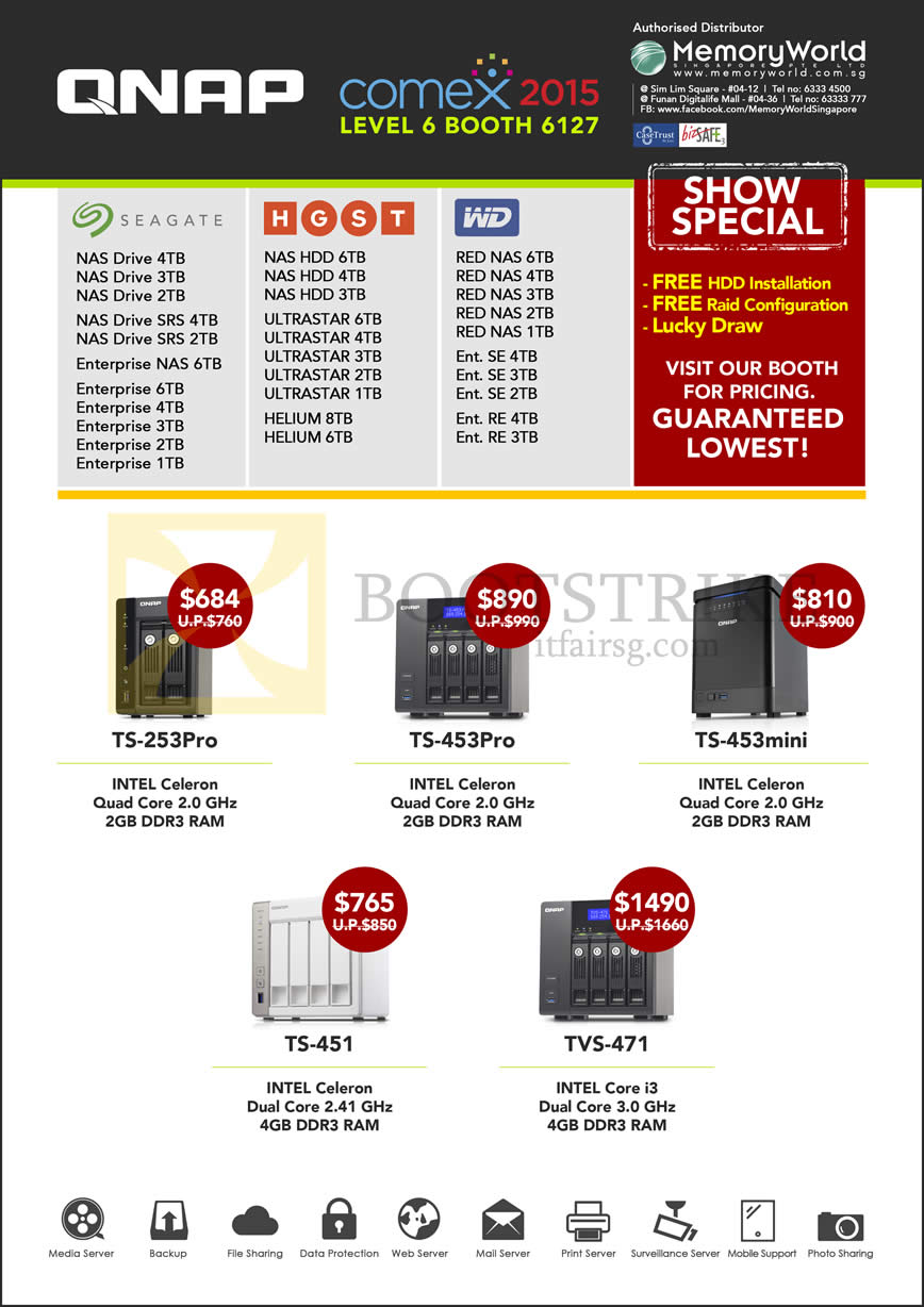 COMEX 2015 price list image brochure of Memory World Qnap NAS Seagate. HGST, WD, Intel Celeron, Intel Core, TS-253Pro, 453Pro, 453mini, 451, TVS-471