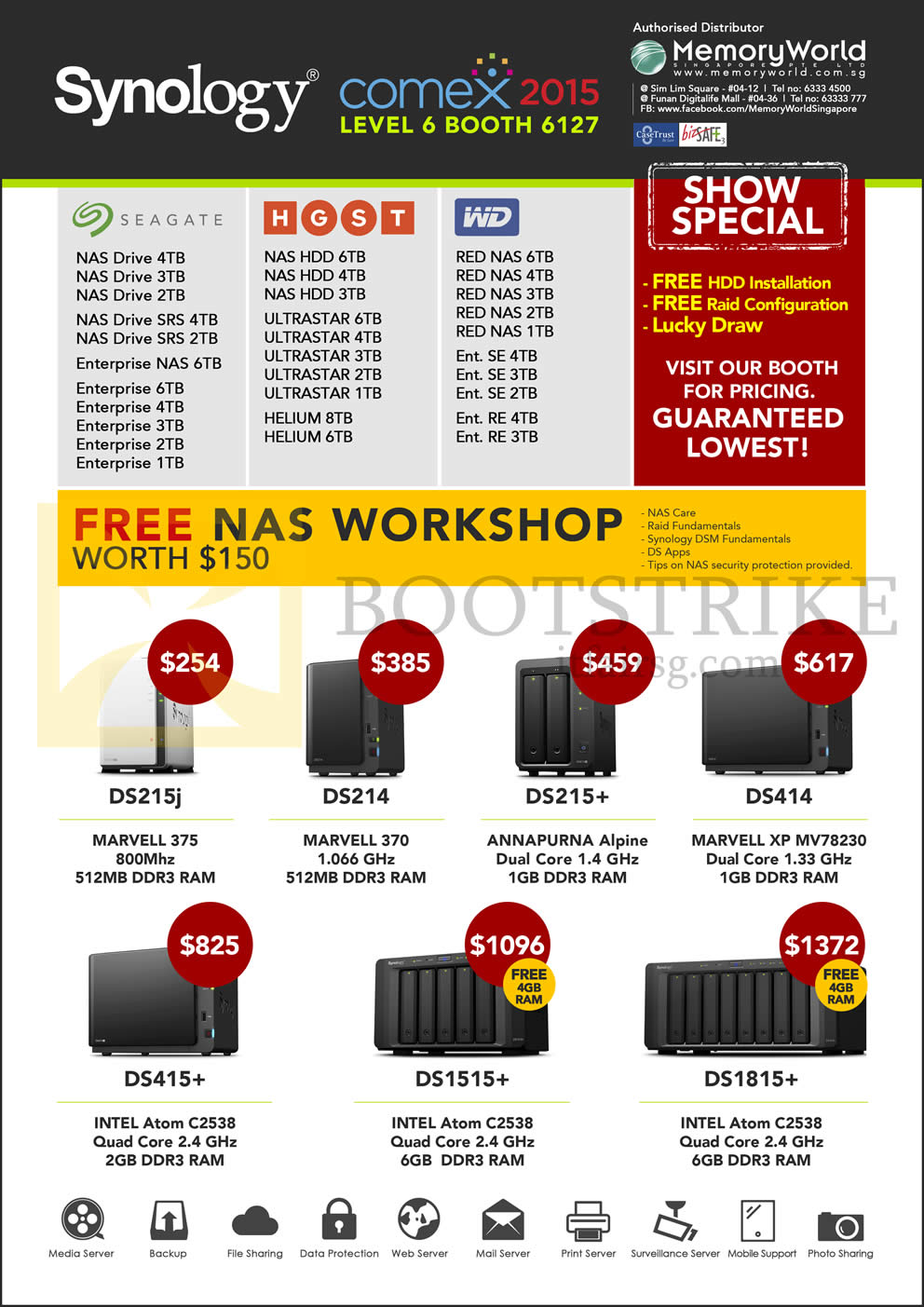 COMEX 2015 price list image brochure of Memory World Synology NAS Seagate. HGST, WD, DS215j, DS214, DS215Plus, DS414, DS415 Plus, DS1515Plus, DS1815 Plus