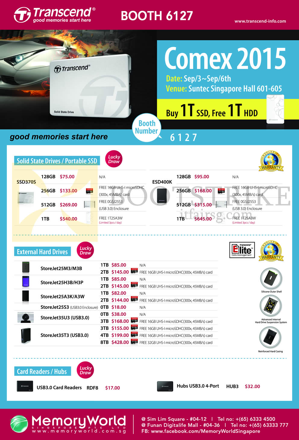 COMEX 2015 price list image brochure of Memory World Transcend SSD, External Hard Drives, Card Readers, Hubs, SSD370S, ESD400K, StoreJet 25M3, M3B, 25H3B, H3P, 25A3K, A3W, 25S3, 35U3, 35T3