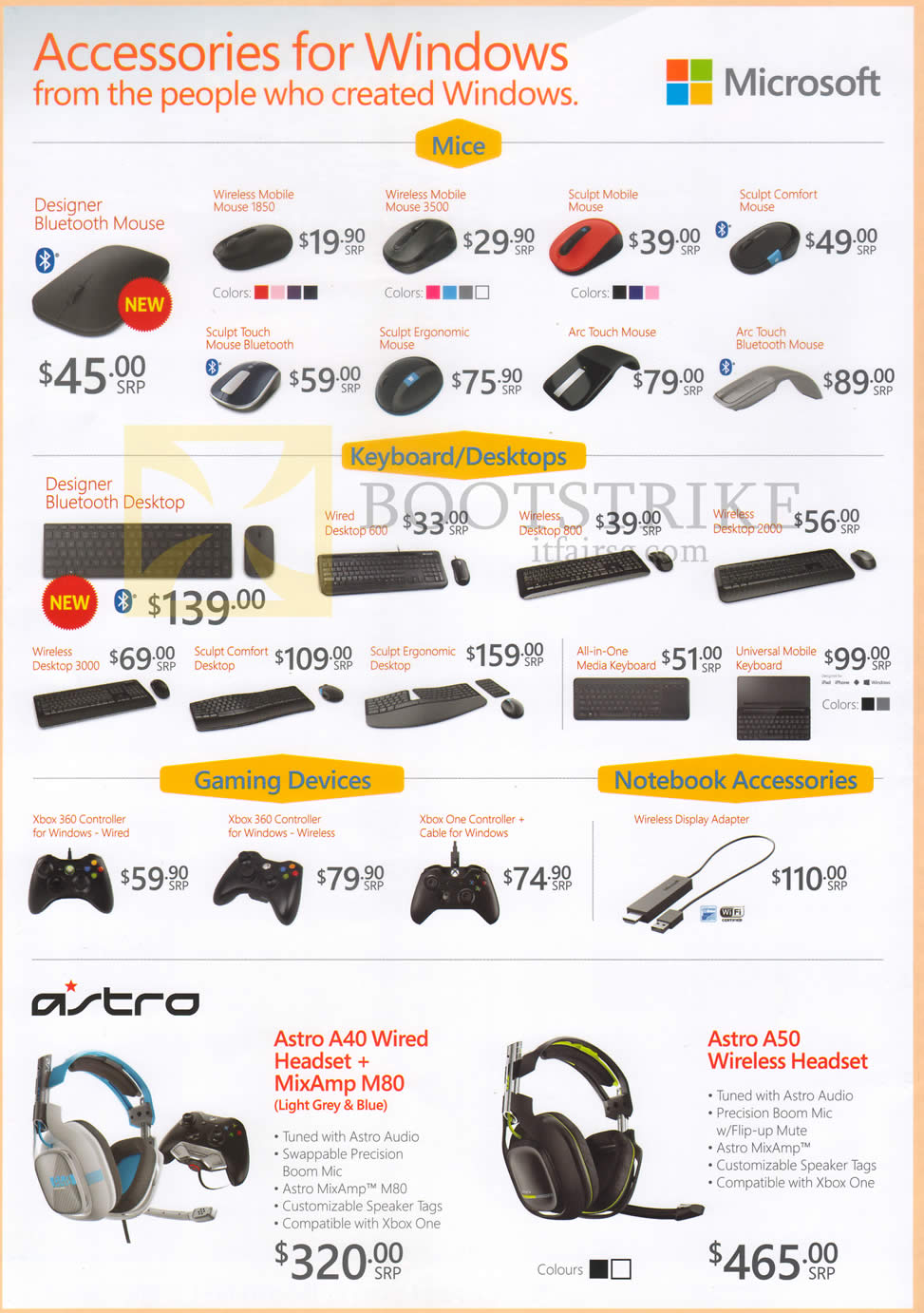 COMEX 2015 price list image brochure of Microsoft Mouse Designer Bluetooth, Wireless Mobile 1850, 3500, Sculpt Bluetooth, Arc Touch, Bluetooth, Desktops Designer Bluetooth, Wired 600, Keyboards, Headsets