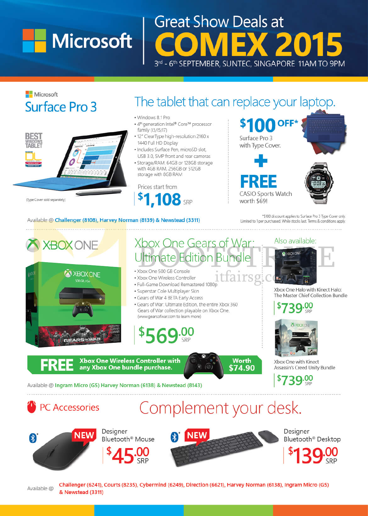 COMEX 2015 price list image brochure of Microsoft Surface Pro 3, Xbox One, PC Accessories, Designer Bluetooth Mouse, Designer Bluetooth Desktop