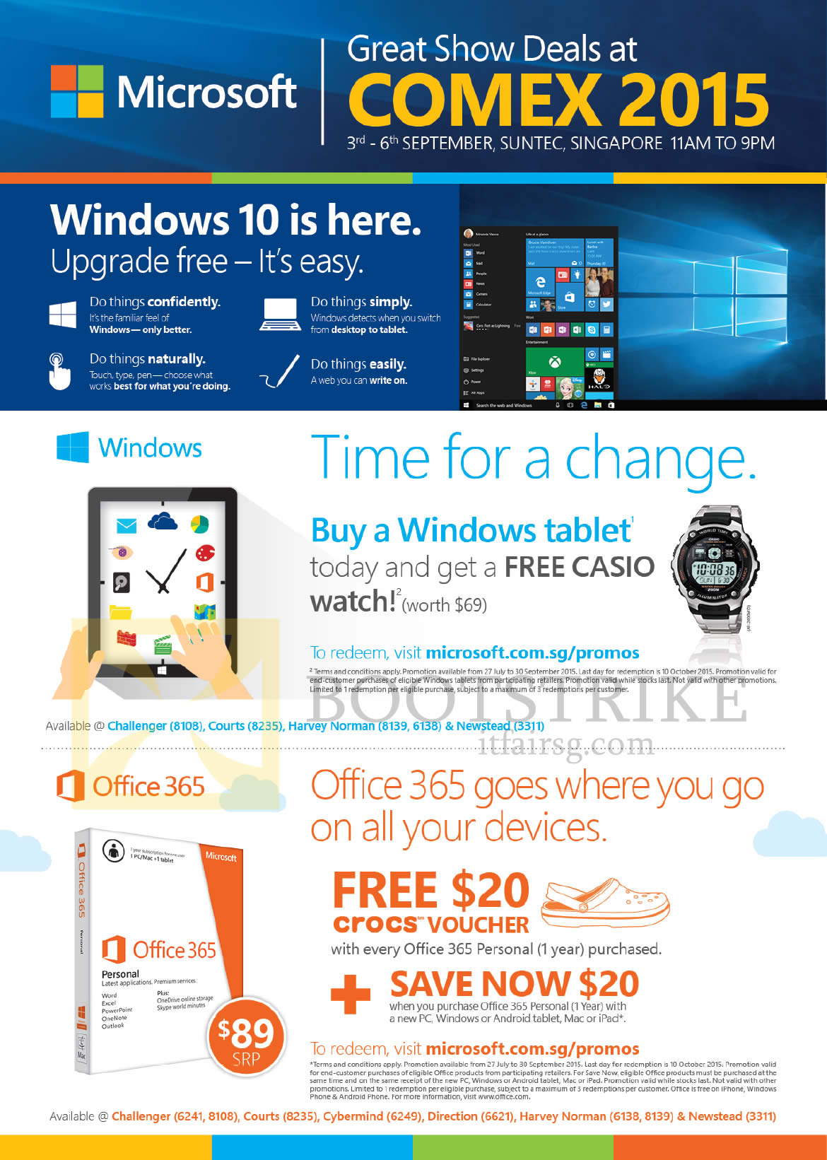 COMEX 2015 price list image brochure of Microsoft Windows 10, Free Casio Watch, Office 365, Free 20 Dollar Crocs Voucher