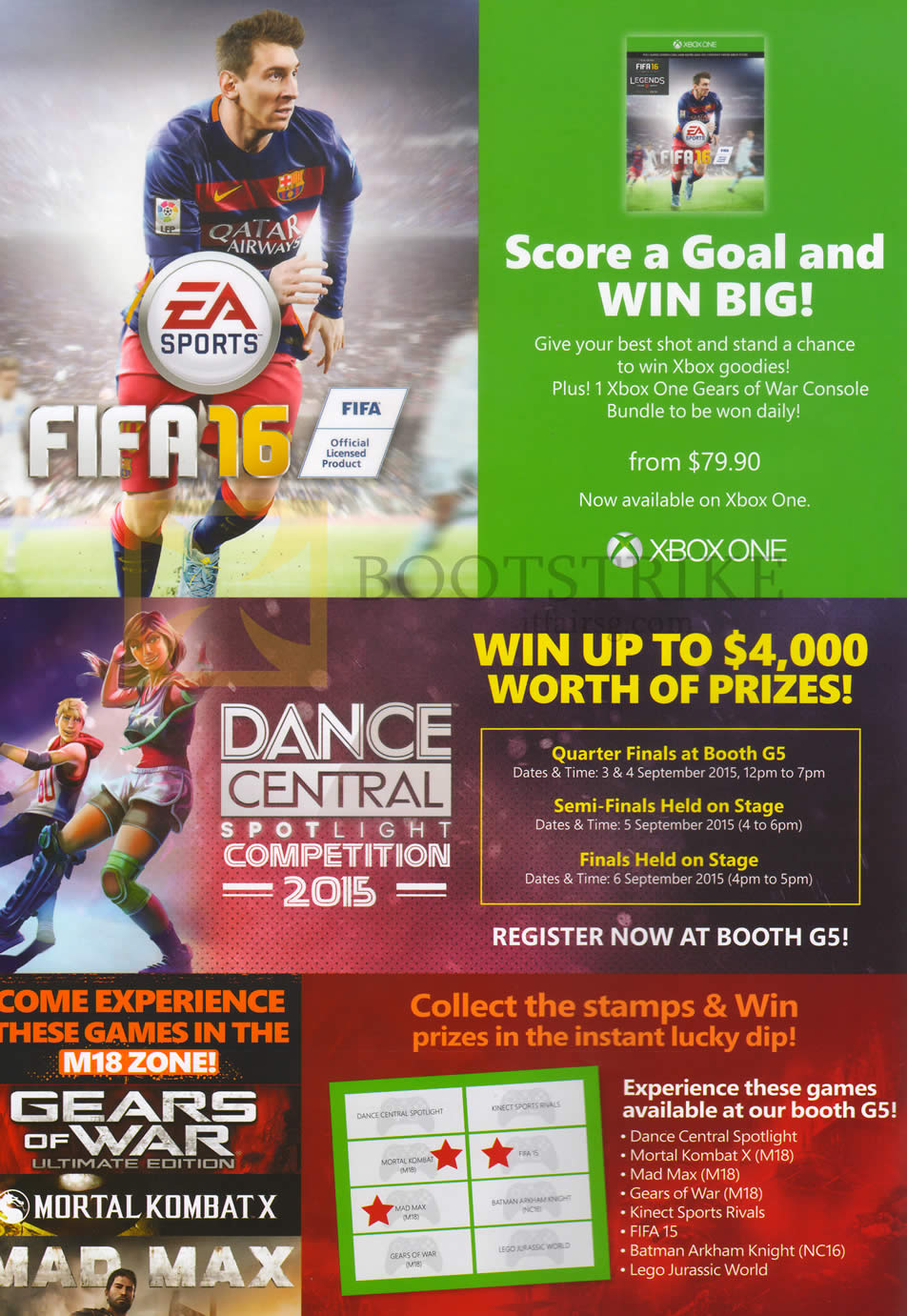 COMEX 2015 price list image brochure of Microsoft Xbox One Dance Central Spotlight, Mortal Kombat X, Mad Max, Gears Of War, Kinect Sports Rivals, Fifa 15, Batman Arkham Knight, Lego Jurassic World, Tryouts