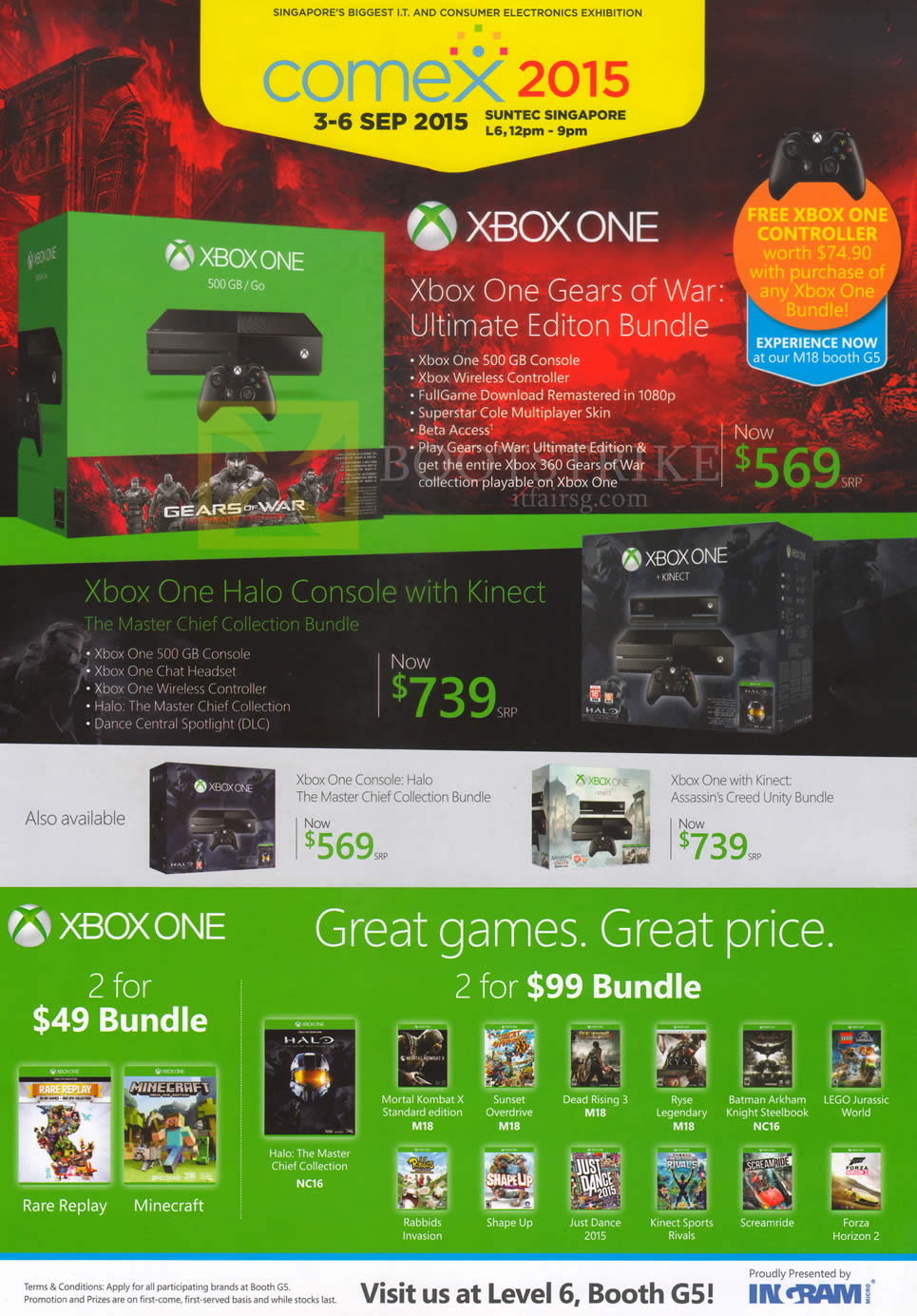 COMEX 2015 price list image brochure of Microsoft Xbox One Gears Of War Ultimate Edition Bundle, Halo Console With Kinect, Console Halo The Master Chef Collection Bundle, Kinect Assassins Creed Unity Bundle, Games