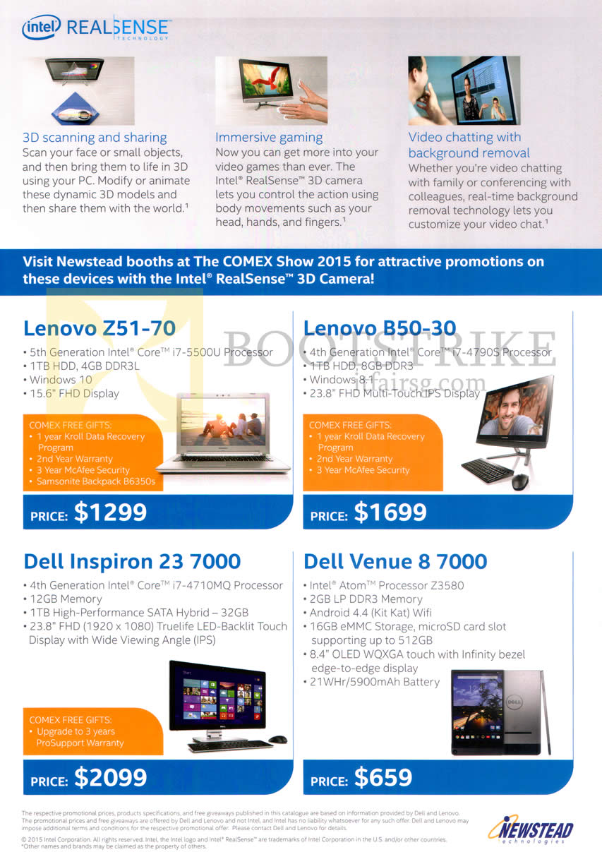 COMEX 2015 price list image brochure of Newstead Lenovo Z51-70 Notebook, Dell Inspiron 23 7000 Desktop PC, Dell Venue 8 7000 Tablet, B50-30 AIO Desktop PC