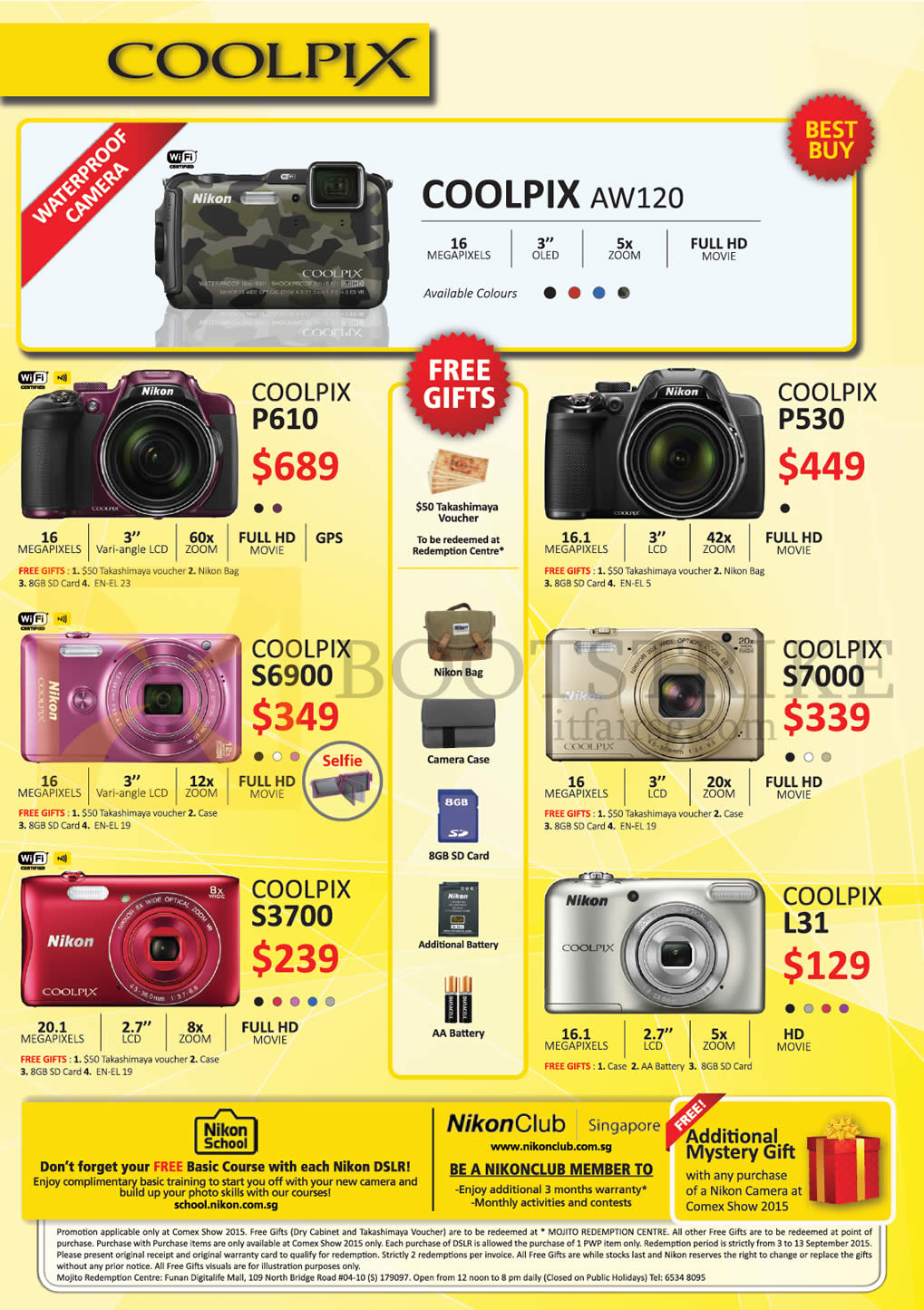 COMEX 2015 price list image brochure of Nikon Digital Cameras Coolpix AW120, P610, P530, S6900, S7000, S3700, L31