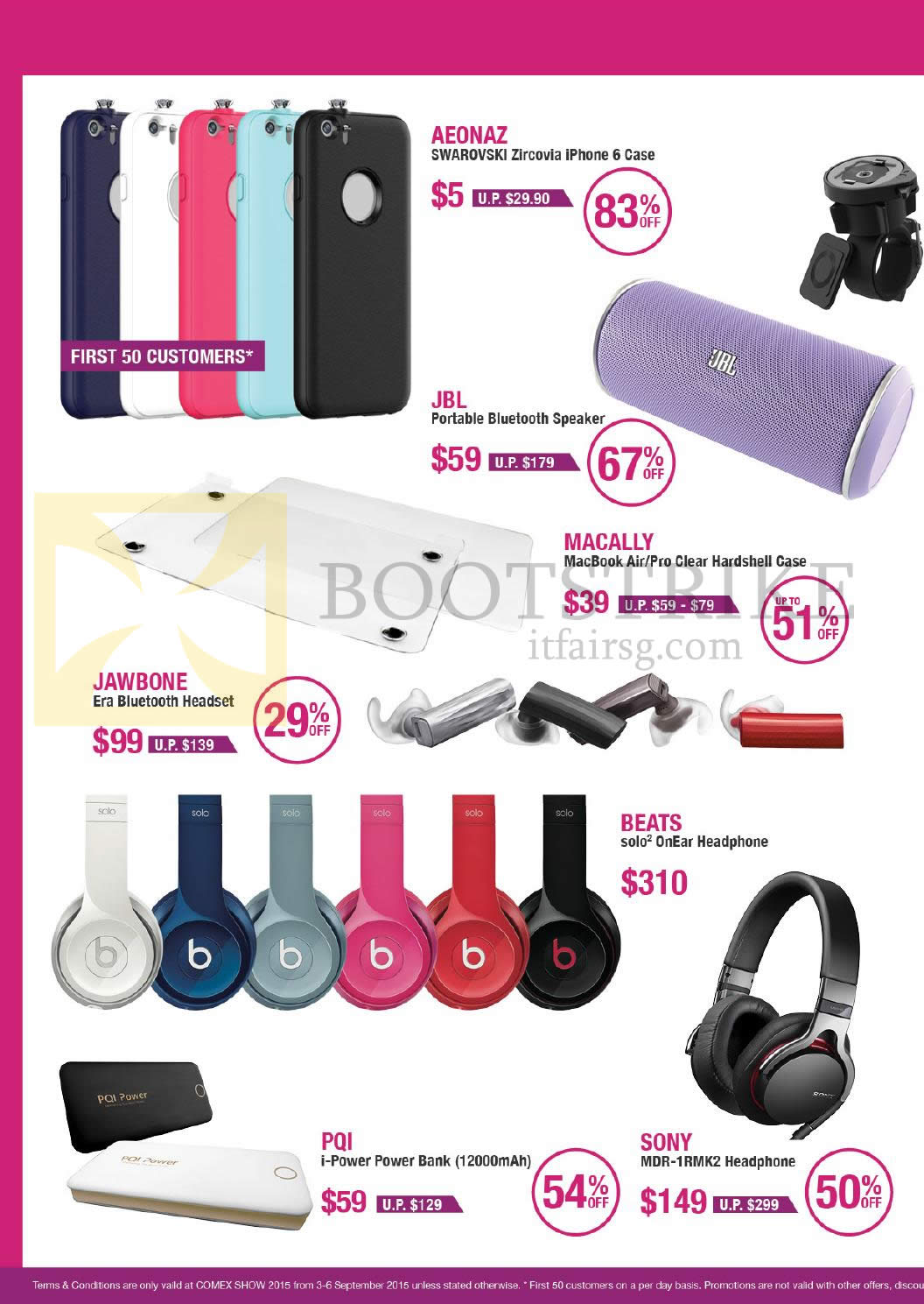 COMEX 2015 price list image brochure of Nubox Case, Speaker, Headset, Headphone, Powerbank, Aeonaz, JBL, Macally, Jawbone, Beats, PQI, Sony
