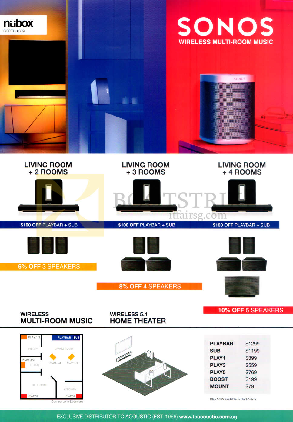 COMEX 2015 price list image brochure of Nubox Home Theatre Systems 3.1, Play 3, Wireless Multi-Room Music, Wireless 5.1 Home Theatre