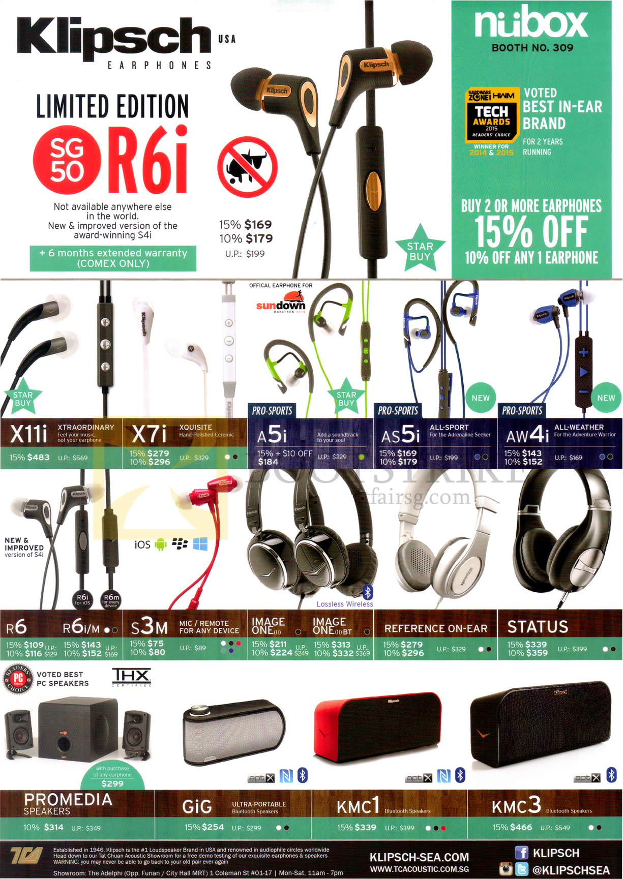 COMEX 2015 price list image brochure of Nubox Klipsch Earphones, Headphones, Speakers, R6i, X11i, X7i, A5i, AS5i, AW4i, R6, R6IM, S3M, Image One, Reference ON Ear, Status, Promedia, Gig, KMC1, KMC3
