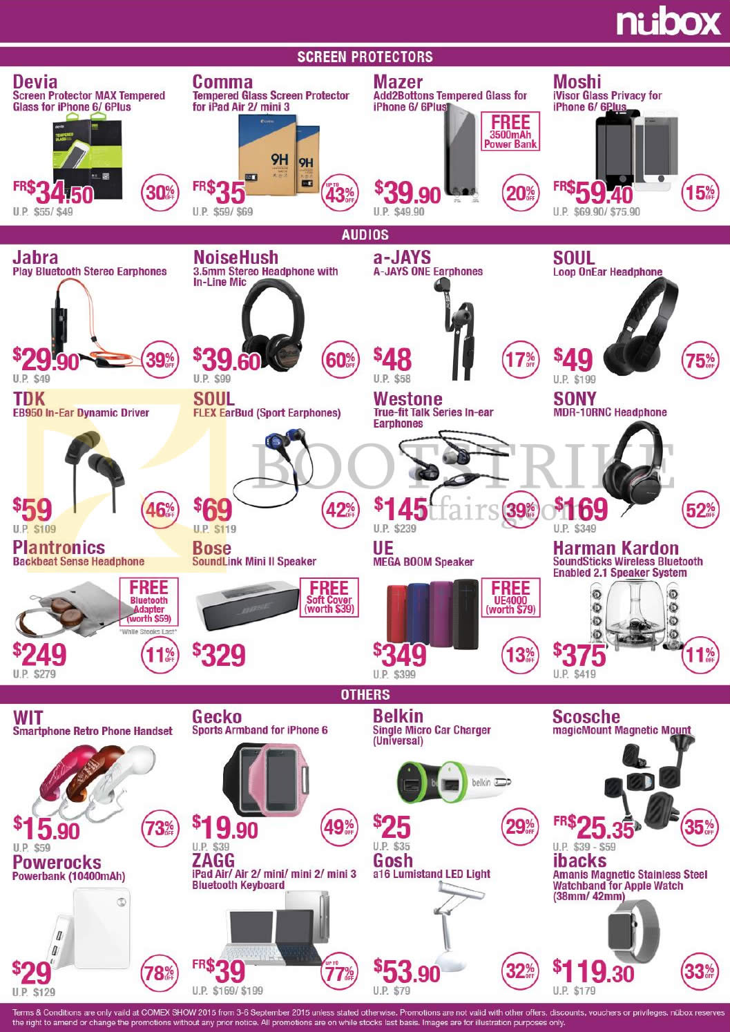COMEX 2015 price list image brochure of Nubox Screen Protectors, Headphones, Earphones, Armband, Powerbank, Car Charger