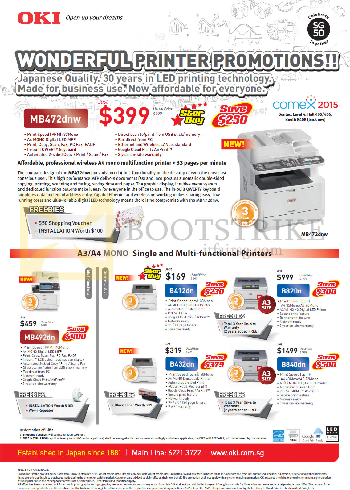 COMEX 2015 price list image brochure of OKI Printers LED MB472dnw, MB492dn, B412dn, B432dn, B820n, B840dn