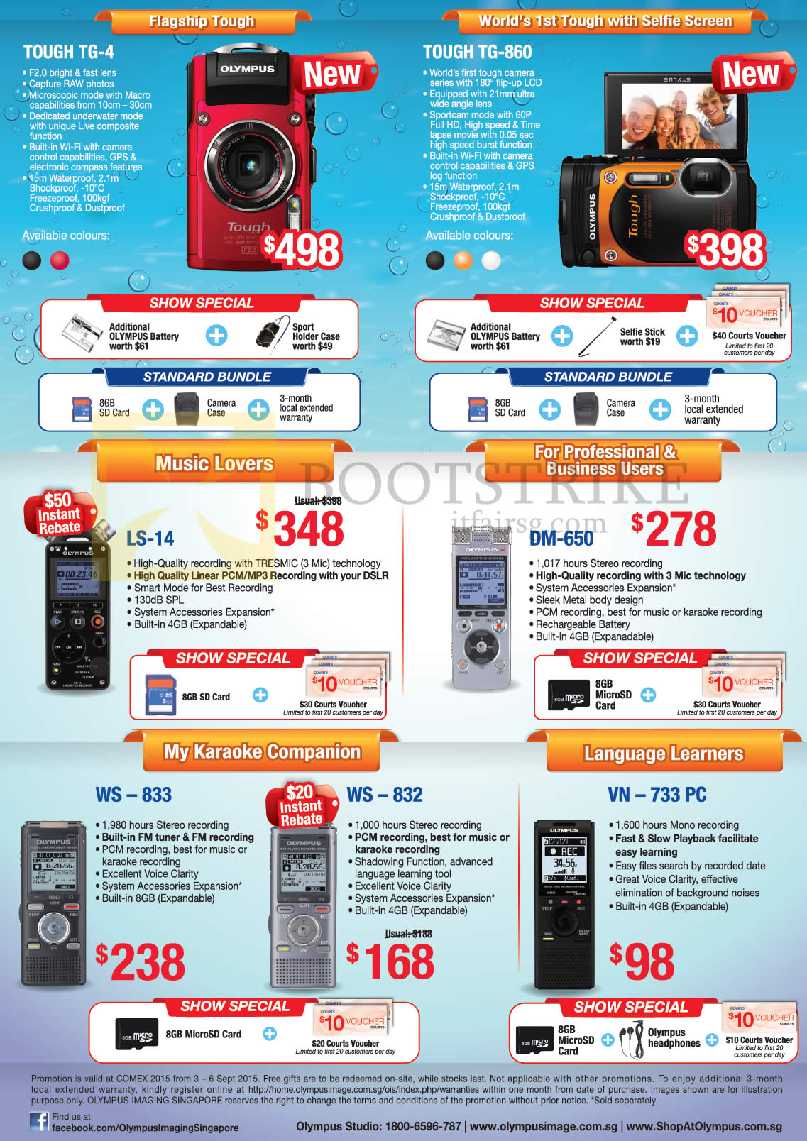 COMEX 2015 price list image brochure of Olympus Digital Cameras Tough TG-4, TG-860, LS-14, DM-650, WS-833, WS-832, VN-733PC