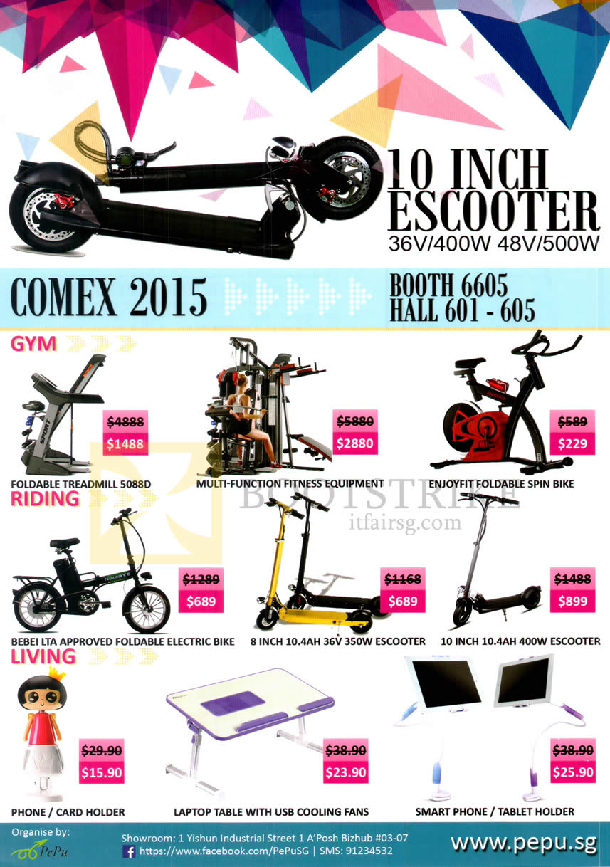 COMEX 2015 price list image brochure of PePu E Scooter, Fitness Equipments, Electric Bike, Phone, Card Holder, Laptop Table, Smart Phone, Tablet Holder