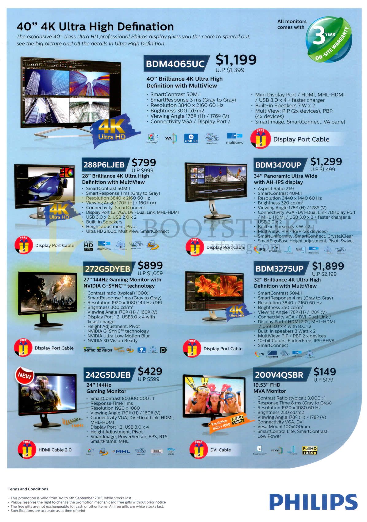 COMEX 2015 price list image brochure of Philips Monitors AH-IPS 4K BDM4065UC, 288P6LJEB, BDM347OUP, 272G5DYEB, BDM3275UP, 242G5DJEB, 200V4QSBR