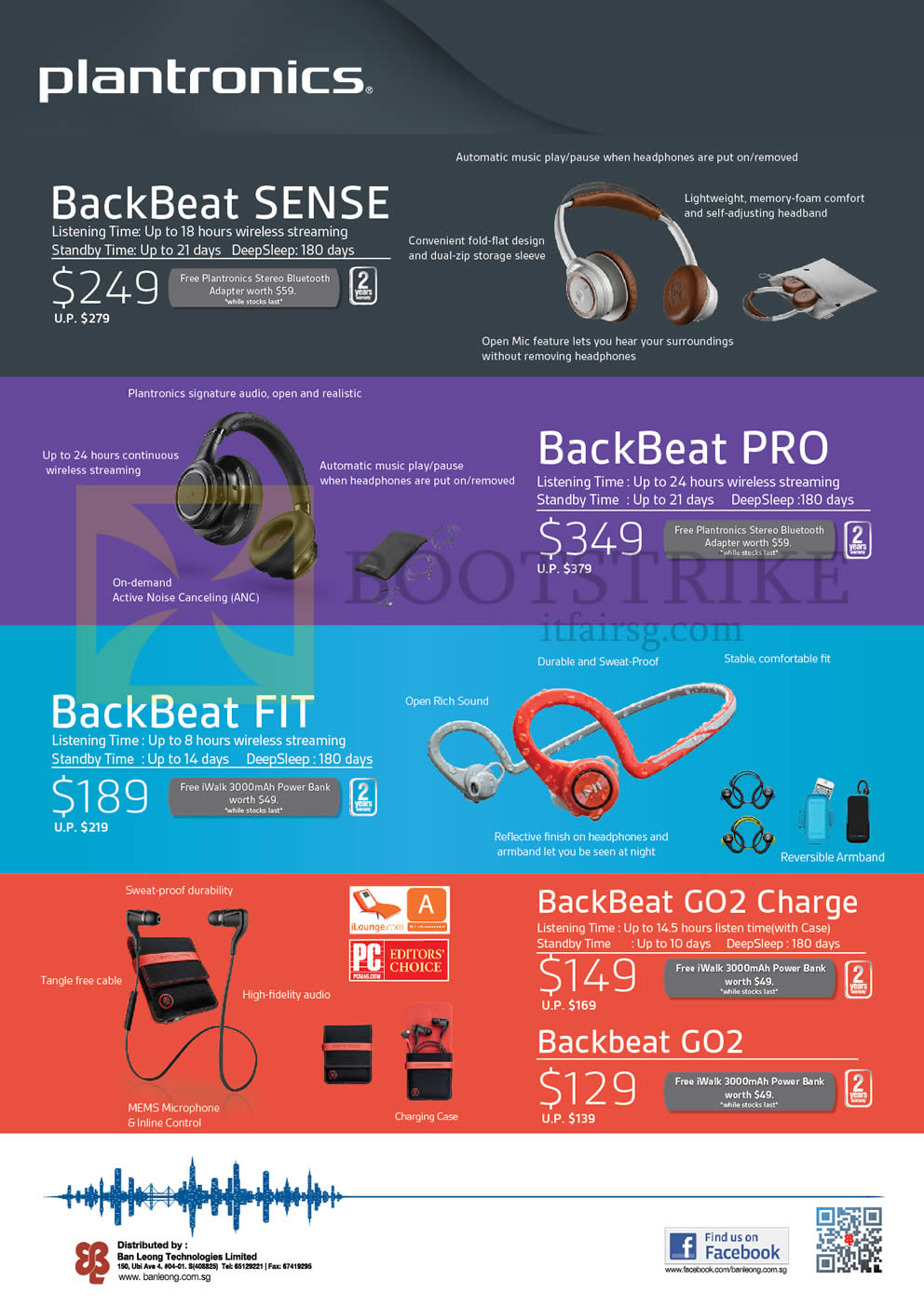 COMEX 2015 price list image brochure of Plantronics Bluetooth Headsets, BackBeat SENSE, PRO, FIT, GO2 Charge, GO2