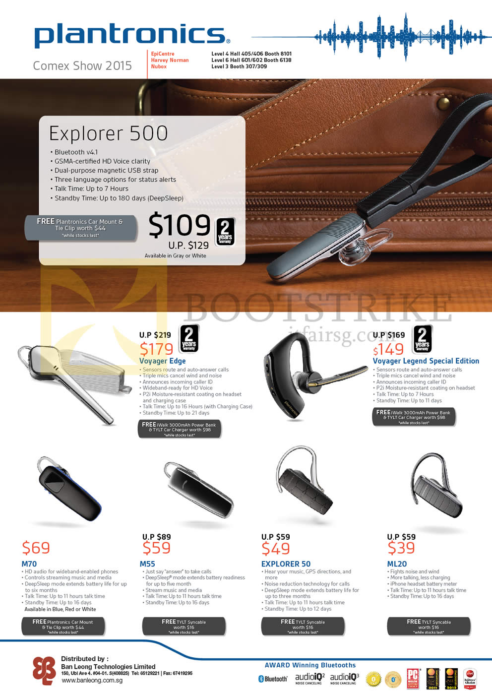 COMEX 2015 price list image brochure of Plantronics Bluetooth Headsets, Explorer 500, Voyager Edge, Voyager Legend Special Edition, M70, M55, EXPLORER 50, ML20