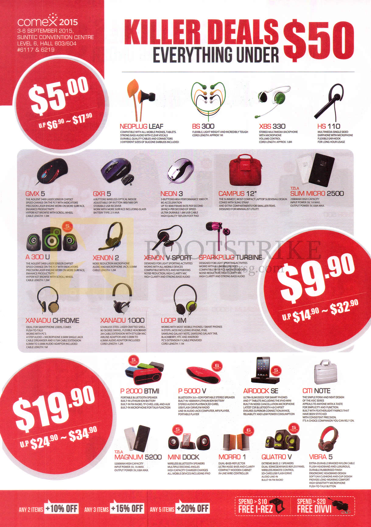 COMEX 2015 price list image brochure of Powerlogic Earphone, Headphone, Bluetooth Headset, Speakers, Cases, Neoplug Leaf, BS300, XBS330, HS110, GMX5, GXR5, Neon 3, Campus 12.0, TZLA Slim Micro 2500, A300 U