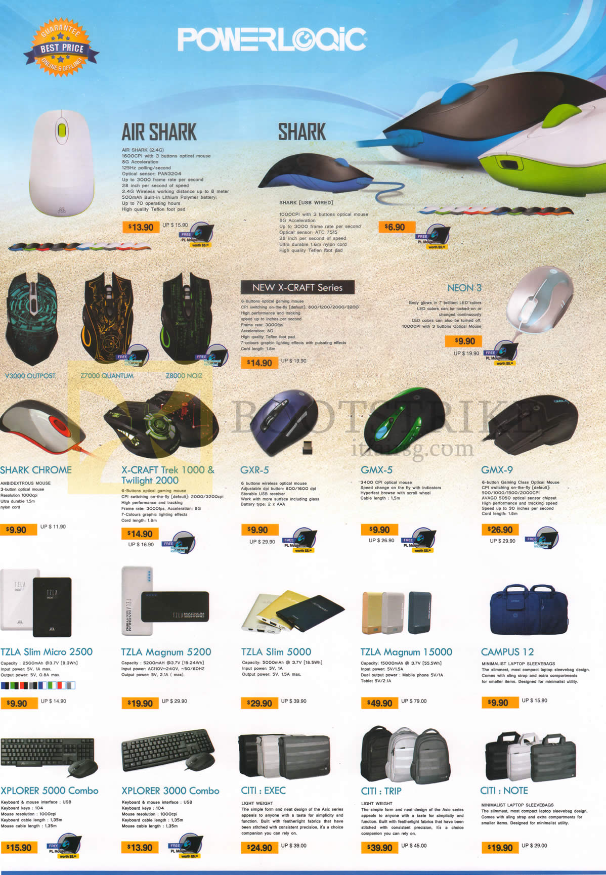 COMEX 2015 price list image brochure of Powerlogic Mouse Air Shark, Shark X-craft Series, Neon 3, Shark Chrome, X-craft Trek 1000 N Twilight 2000, GXR-5, GMX-5, GMX-9, Powerbanks TZLA Slim Micro 2500, MAgnum 5200, Slim 5000
