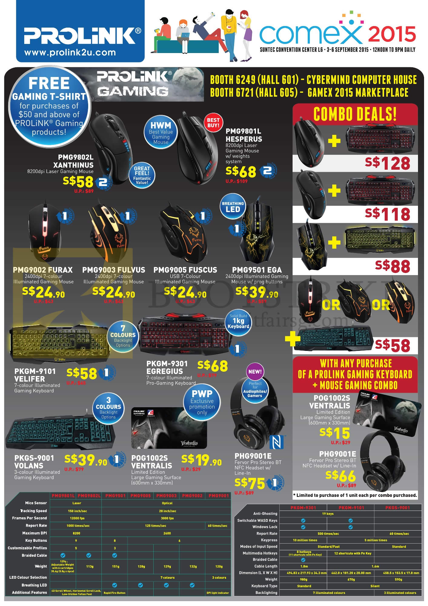 COMEX 2015 price list image brochure of Prolink Gaming Keyboard, Mouse, Headset, PMG9802L Xanthinus, PMG9801L Hesperus, PKGM-9101 Velifer, POG1002S Ventralis