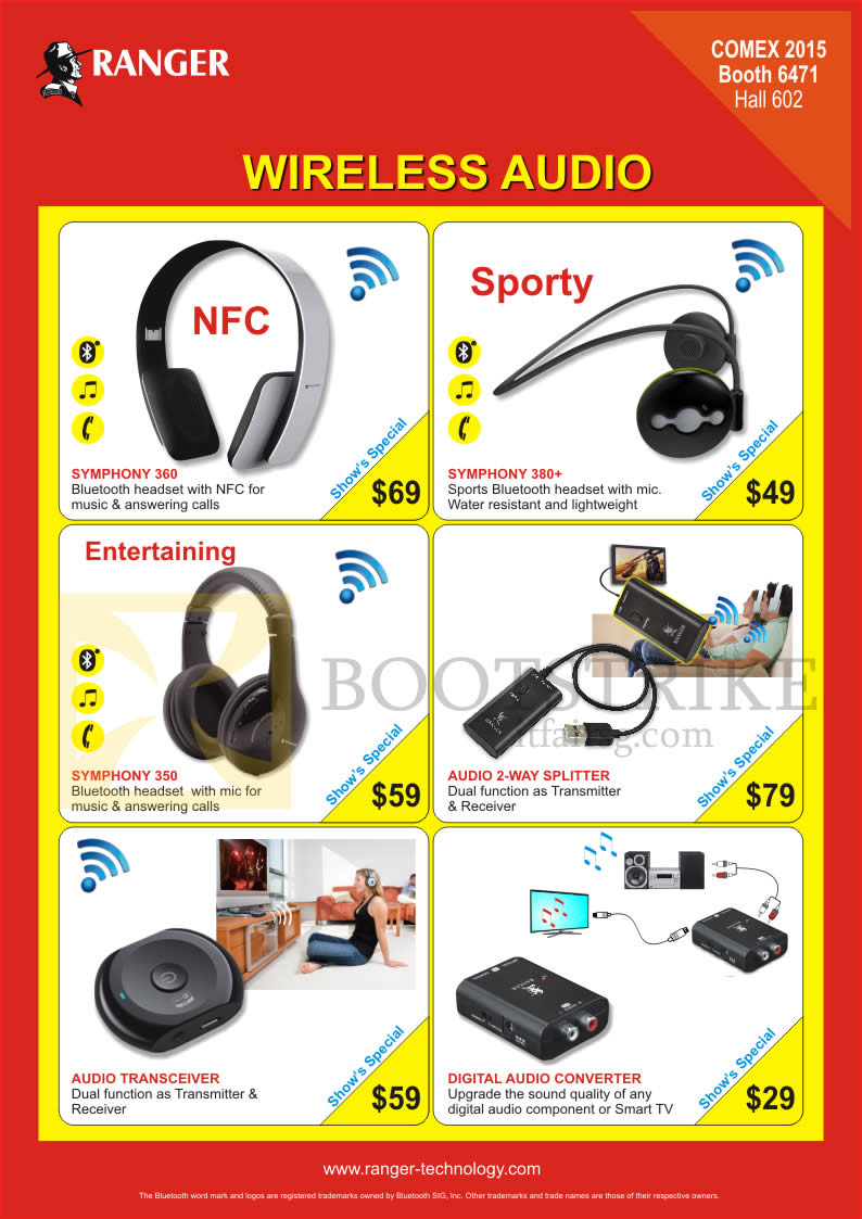 COMEX 2015 price list image brochure of Ranger Earphones, Headphones, Audio Transceiver, Converter, 2-Way Splitter, Symphony 380 Plus