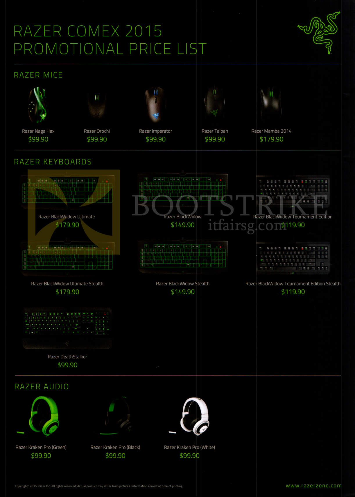 COMEX 2015 price list image brochure of Razer Gaming Mouse Keyboards, Headsets, Naga Hex, Orochi, Imperator, Taipan, Mamba 2014, Blackwidow, Stealth, Tournament, DeathStalker, Kraker Pro Green, Black, White