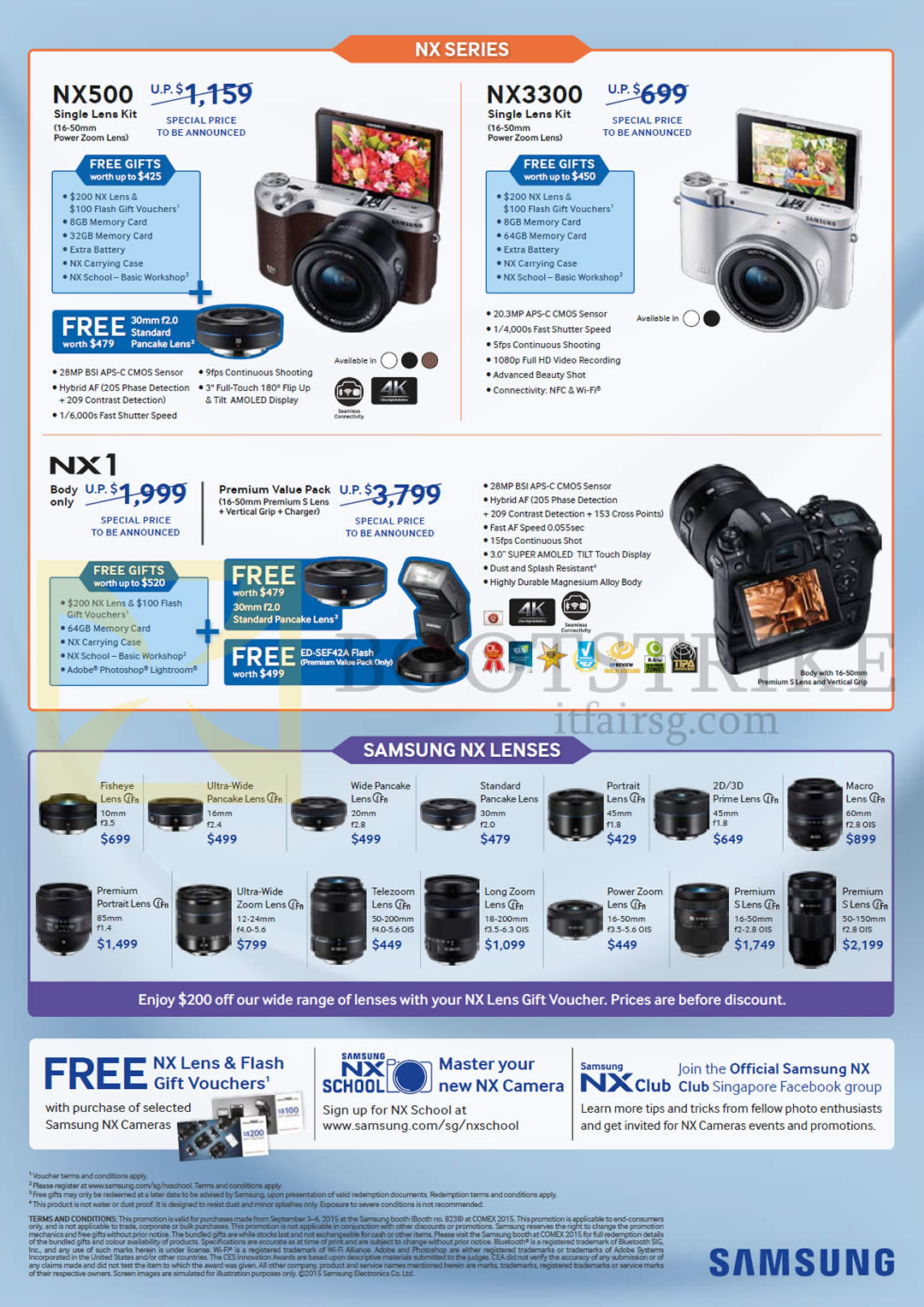 COMEX 2015 price list image brochure of Samsung Digital Cameras NX500, NX3300, NX1, NX Lenses
