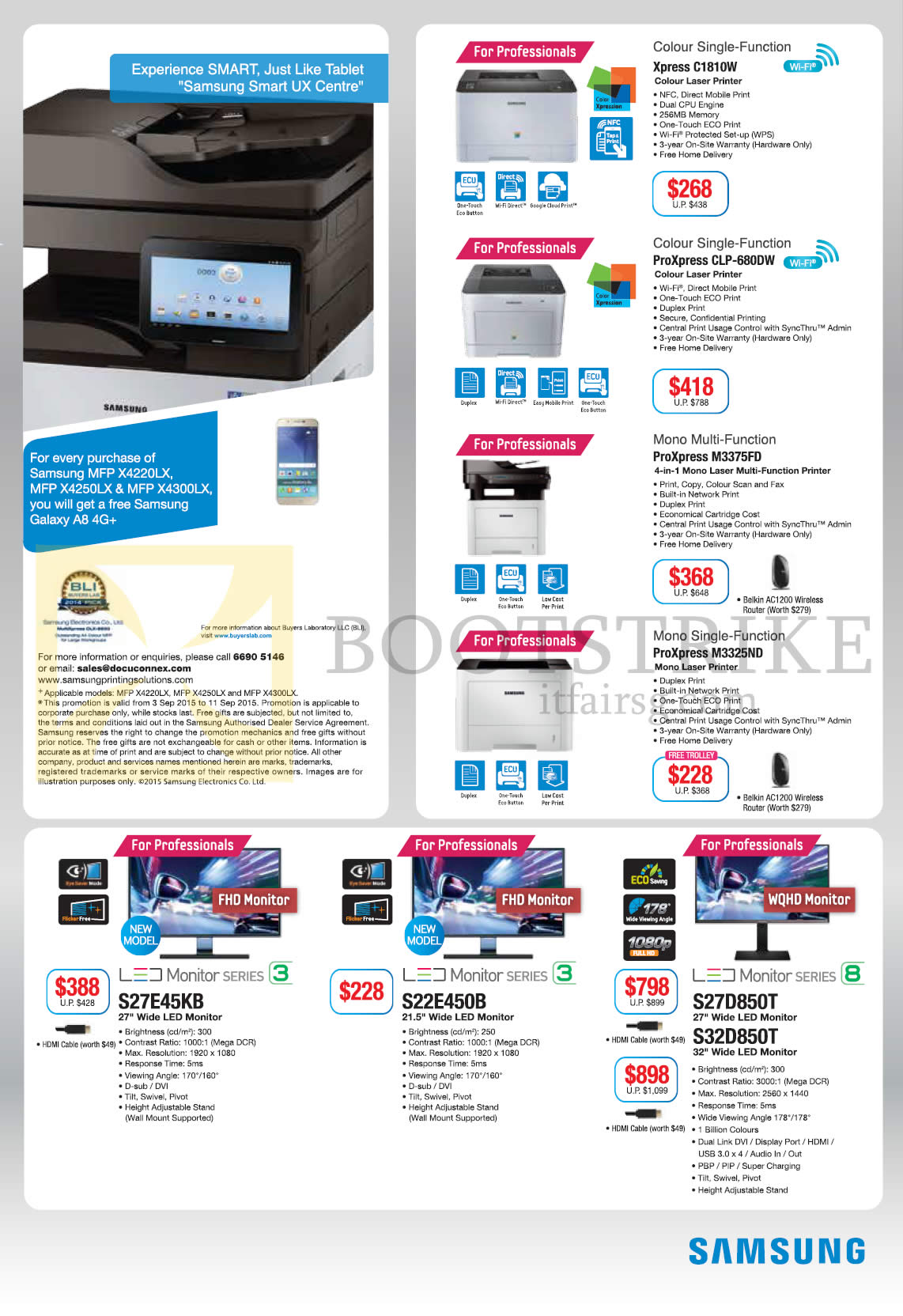 COMEX 2015 price list image brochure of Samsung LED Monitors Laser Printers, Xpress C1810W, CLP-680DW, M3375FD, M3325ND, LED, S27E45KB, S22E450B, S27D850T, S32D850T