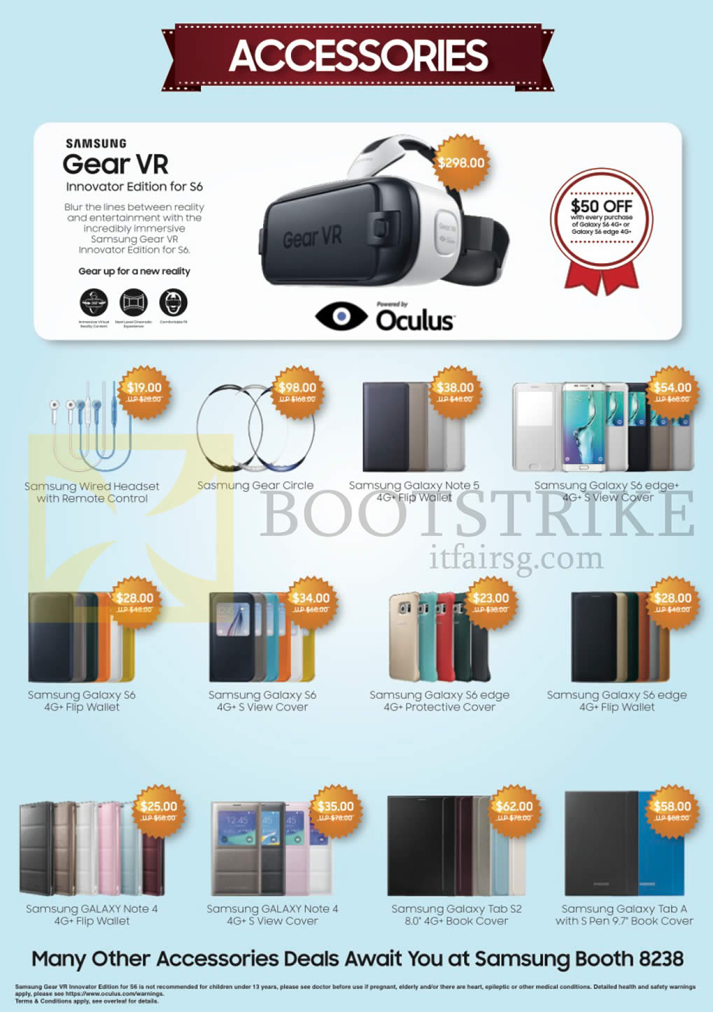 COMEX 2015 price list image brochure of Samsung Mobile Accessories, Gear VR Innovator Edition For S6, Wired Headset With Remote Control, Gear Circle, Cover, Flip Wallet, Wallet