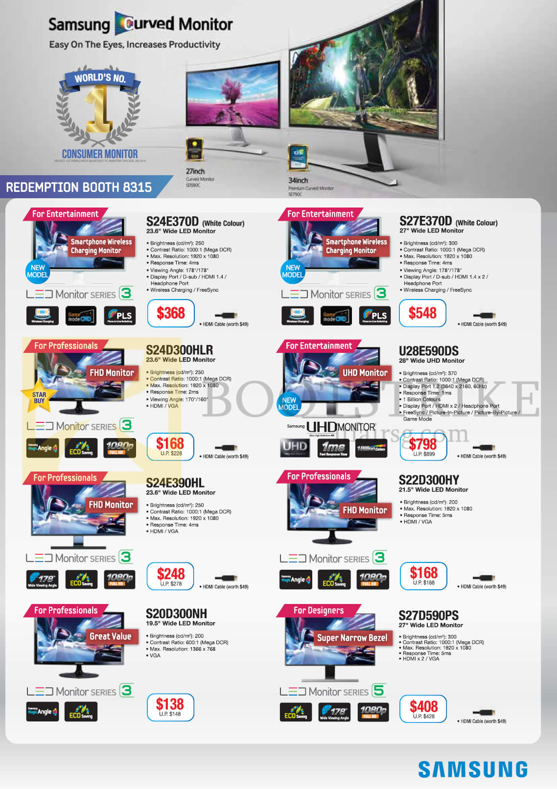 COMEX 2015 price list image brochure of Samsung Monitors, LED Curved UHG, S24E370D, S27E370D, U28E590DS, S24D300HLR, S24E390HL, S22D300HY, S27D590PS, S20D300NH