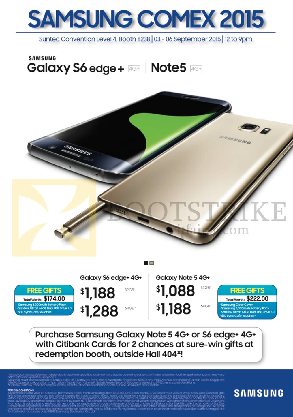 COMEX 2015 price list image brochure of Samsung Smartphones, Galaxy S6 Edge 4G, Galaxy Note 5 4G, Citibank Specials