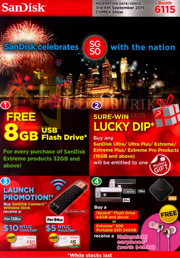 COMEX 2015 price list image brochure of Sandisk Free 8GB USB Flash Drive, Sure-Win Lucky Dip, SanDisk Connect Wireless Stick, Free Nakamichi Earphone