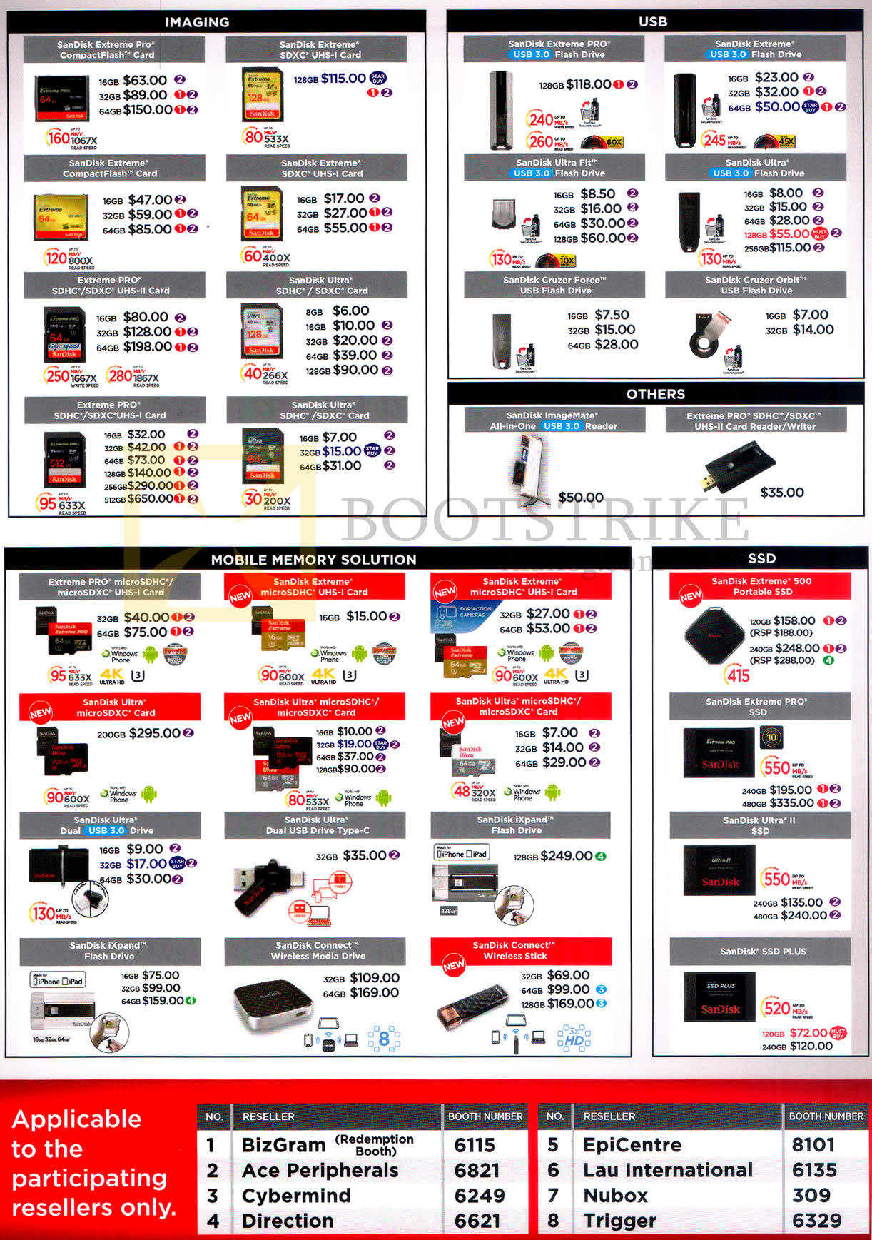 COMEX 2015 price list image brochure of Sandisk Imaging, USB, Mobile Memory Solution, SSD, Extreme PRo, SDXC, CompactFlash, Ultra, Ultra Fit, Cruzer Force, Cruzer Orbit, ImageMate, Extreme PRO, SSD Plus