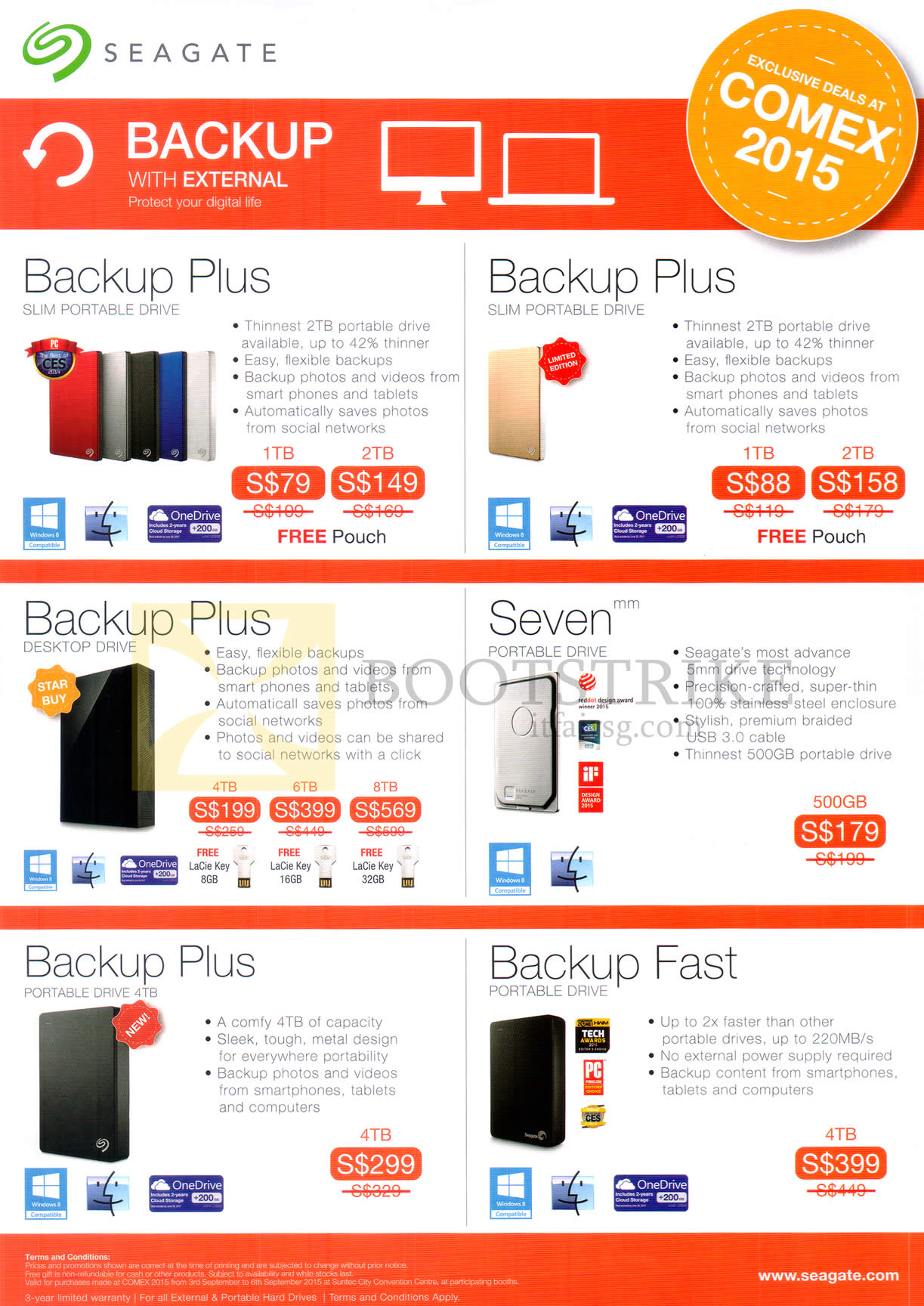 COMEX 2015 price list image brochure of Seagate External Storage Drives Backup Plus, Slim Portable, Desktop, Seven Portable Drive, Backup Fast Portable Drive, 500GB, 1TB, 2TB, 4TB, 6TB, 8TB