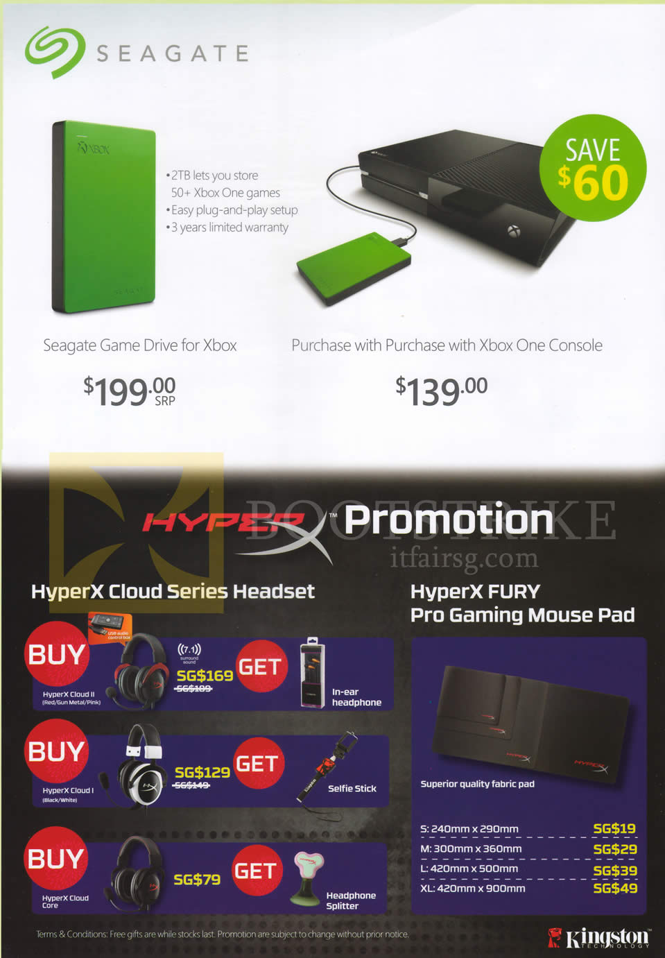 COMEX 2015 price list image brochure of Seagate Kingston Game Drive For Xbox One, HyperX Cloud Series Headset, HyperX Fury Pro Gaming Mouse Pad