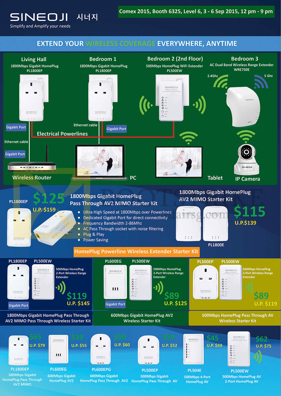 COMEX 2015 price list image brochure of Sineoji Networking HomePlugs, Wireless Extender Starter Kit, PL1800EP, PL500EW, WRE750E, PL1800EP, PL1800E, PL1800EP, PL500EW