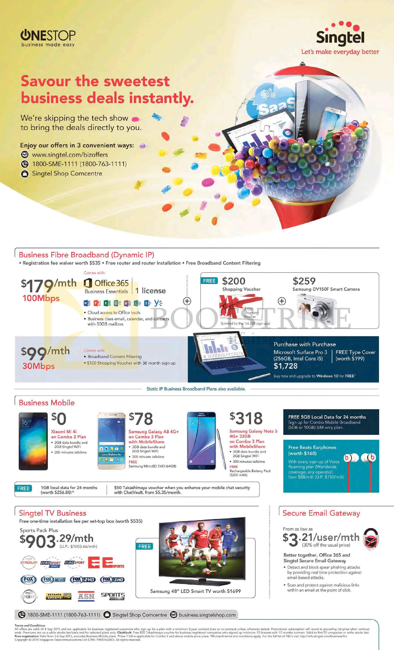 COMEX 2015 price list image brochure of Singtel Business Fibre Broadband, Business Mobile, TV Business, Secure Email Gateway