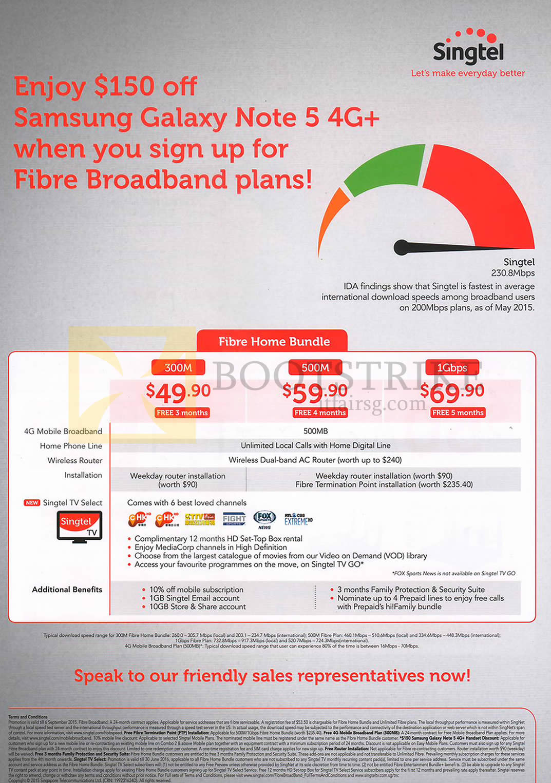 COMEX 2015 price list image brochure of Singtel Fibre Home Broadband Bundle 200M, 500M, 1Gbps, 150 Dollar Of Samsung Galaxy Note 5
