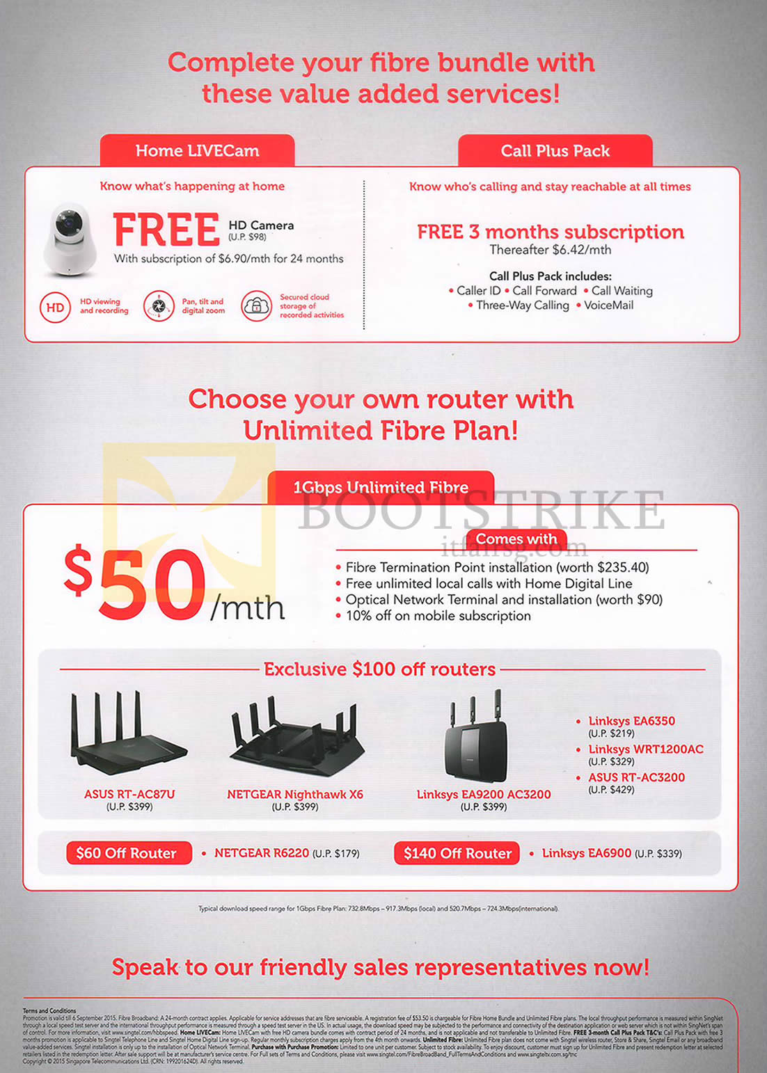 COMEX 2015 price list image brochure of Singtel Home LiveCam, Call Plus Pack, 1Gbps Unlimited Fibre, 100 Dollar Off Routers